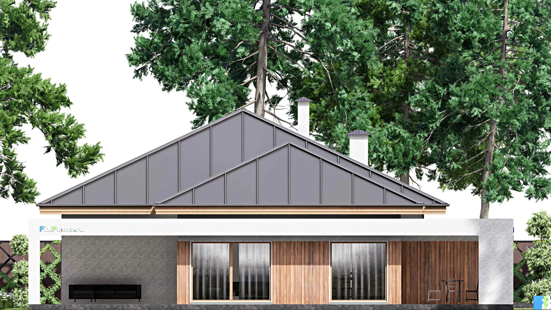 F-15938 - Проект одноэтажного дома 17 на 17, площадью 240 м² с террасой, гаражом на 2 машины и 3 спальнями