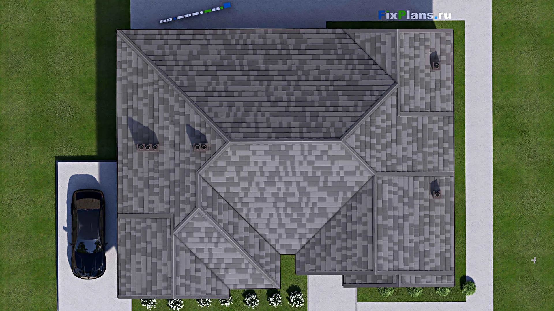 F-16721 - План одноэтажного дома 14 на 18, площадью 180 м² с террасой, гаражом на 2 машины и 2 спальнями