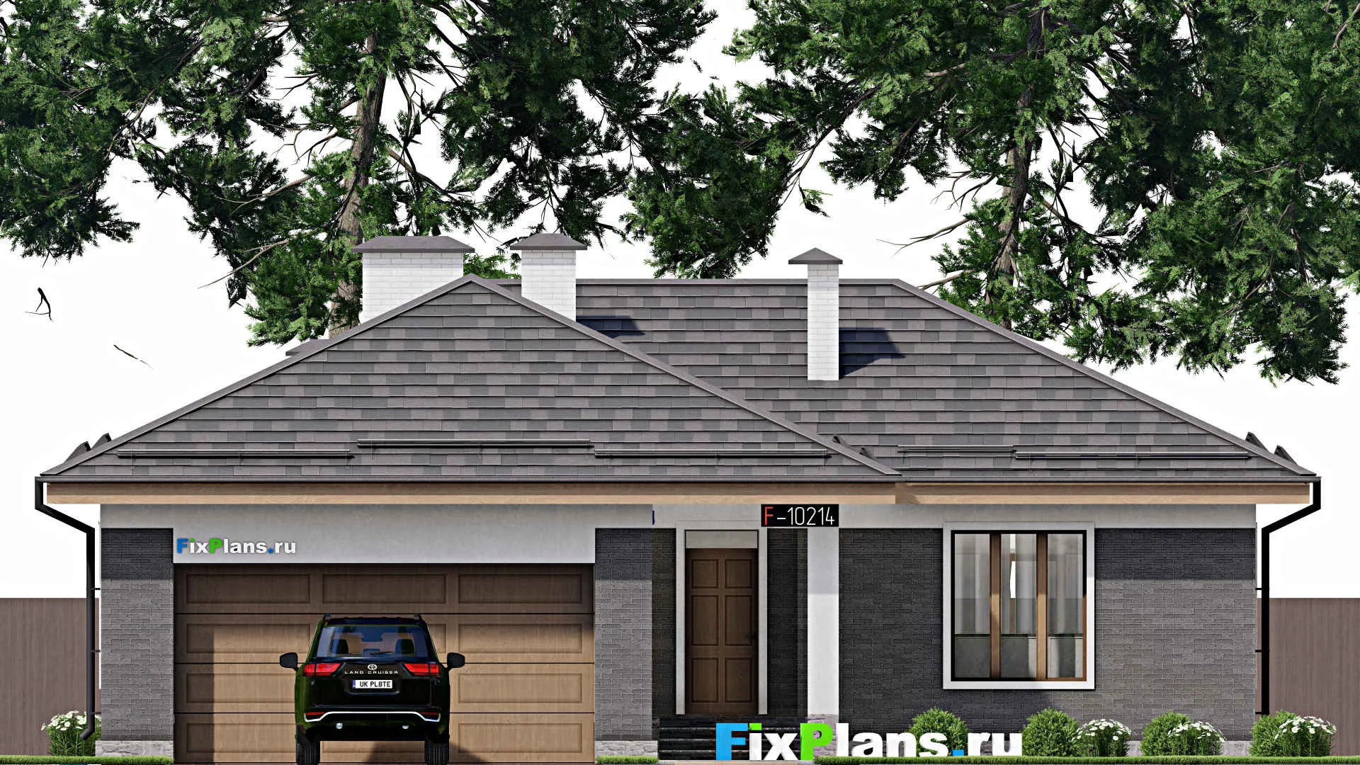 F-10214 - План одноэтажного дома 15 на 20, площадью 200 м² с террасой, гаражом на 2 машины и 3 спальнями