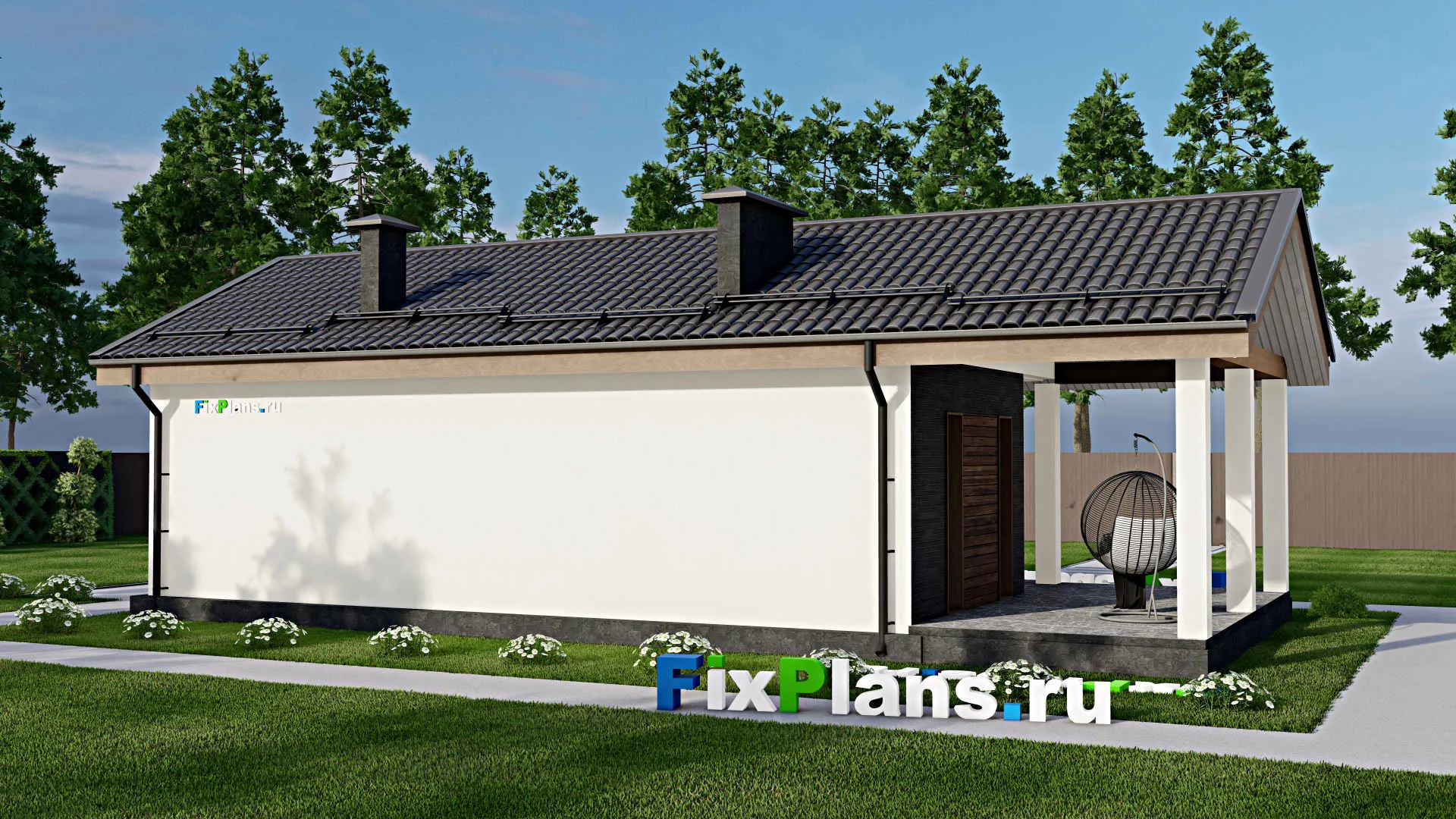 F-5534 - Проект бани 7 на 12, площадью 90 м² с терассой, 2 санузлами и спальней