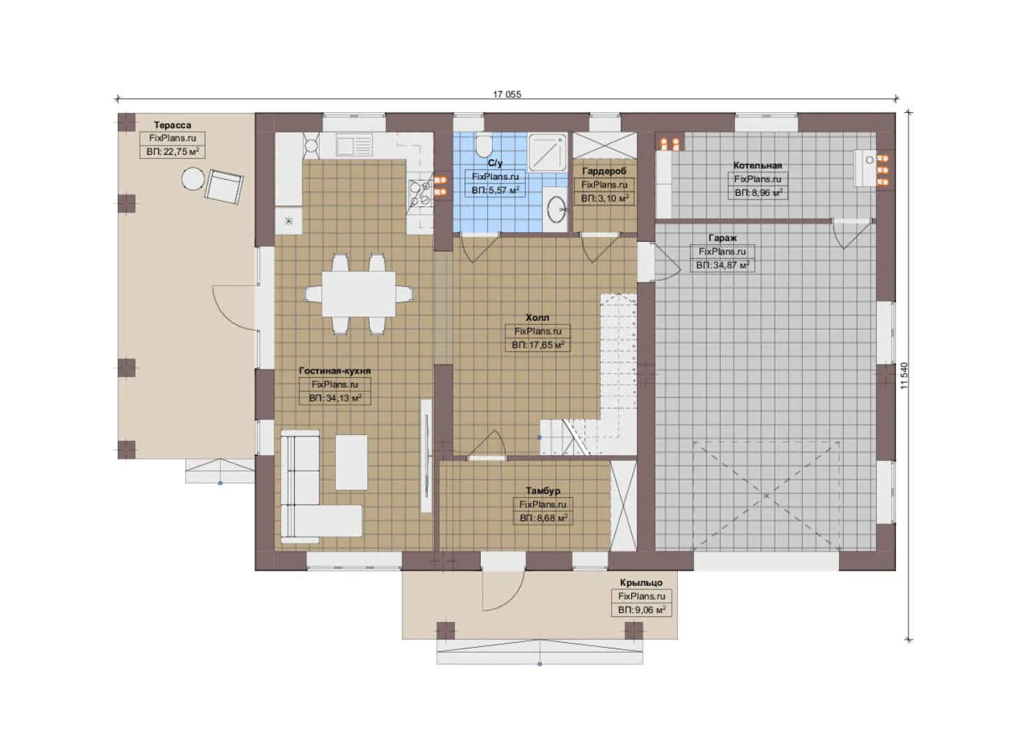 F-12491 - Планы двухэтажного дома 12 на 18, площадью 260 м² с террасой, балконом, гаражом на 1 машину и 3 спальнями