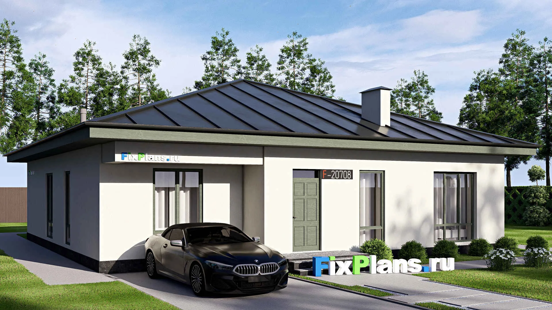 F-20708 - Проект одноэтажного дома 14 на 19, площадью 180 м² с террасой и 1 спальнями