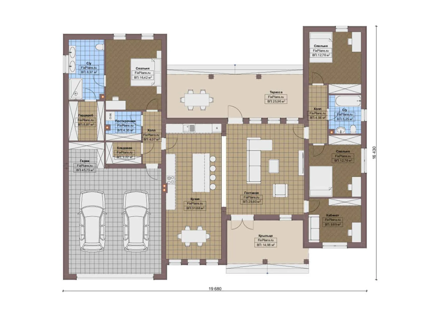 F-16505 - План одноэтажного дома 17 на 20, площадью 480 м² с террасой, гаражом на 2 машины и 3 спальнями