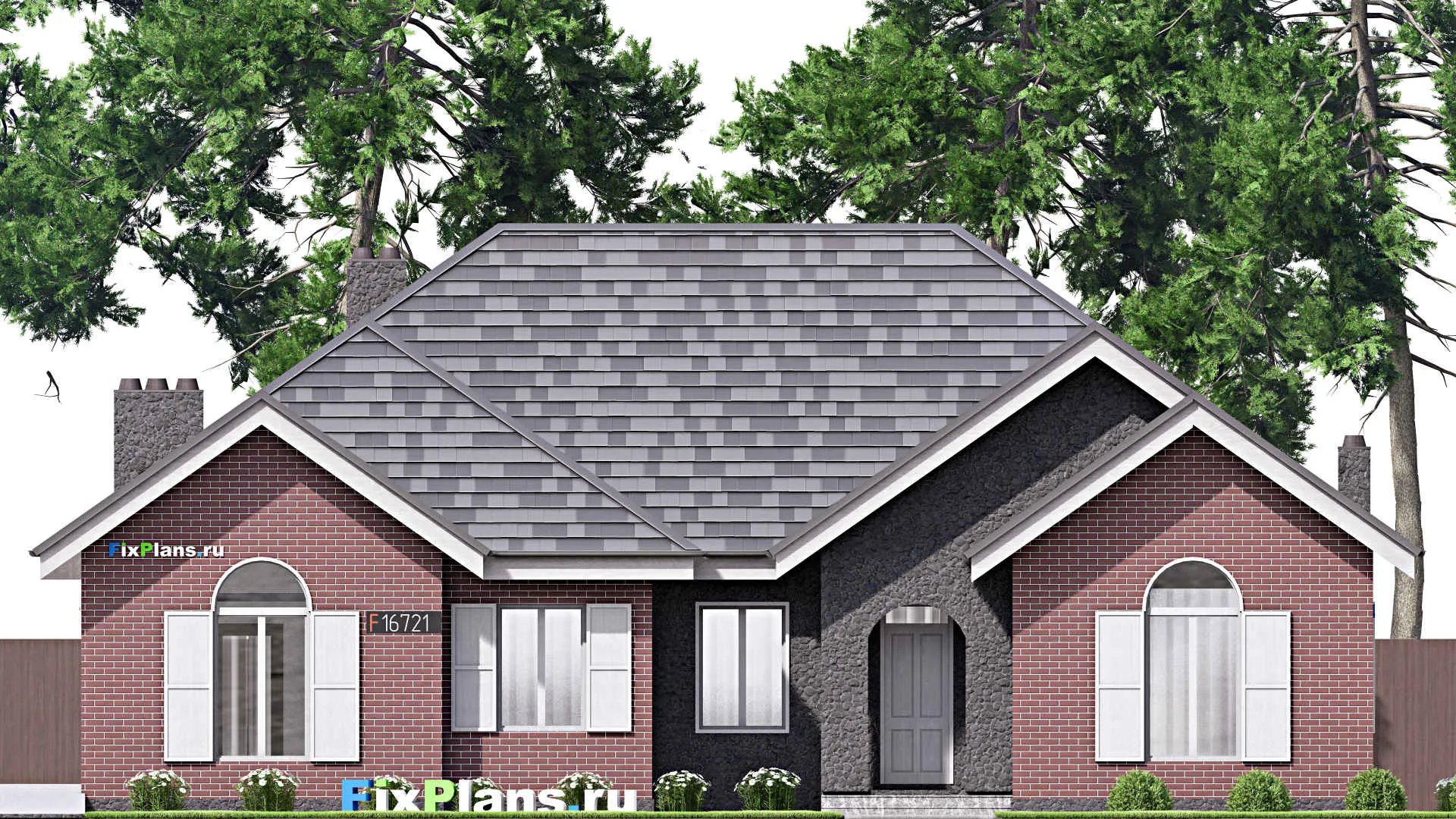 F-16721 - План одноэтажного дома 14 на 18, площадью 180 м² с террасой, гаражом на 2 машины и 2 спальнями