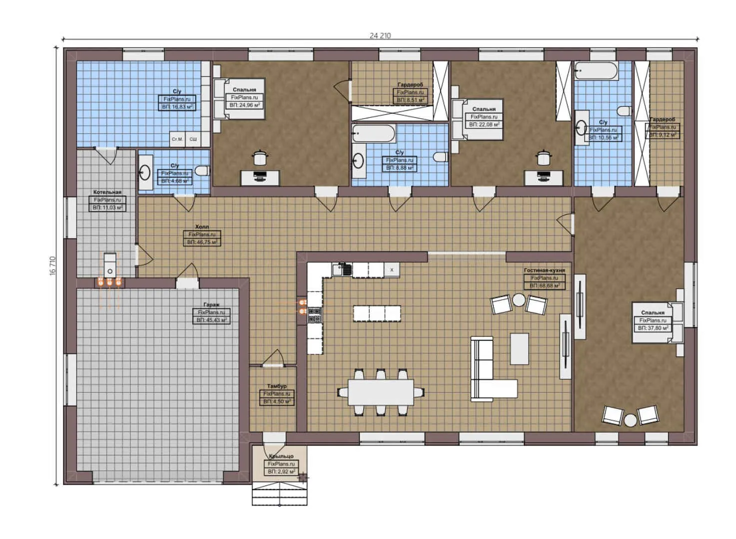 F-4499 - План одноэтажного дома 17 на 25, площадью 330 м² с гаражом на 2 машины и 3 спальнями
