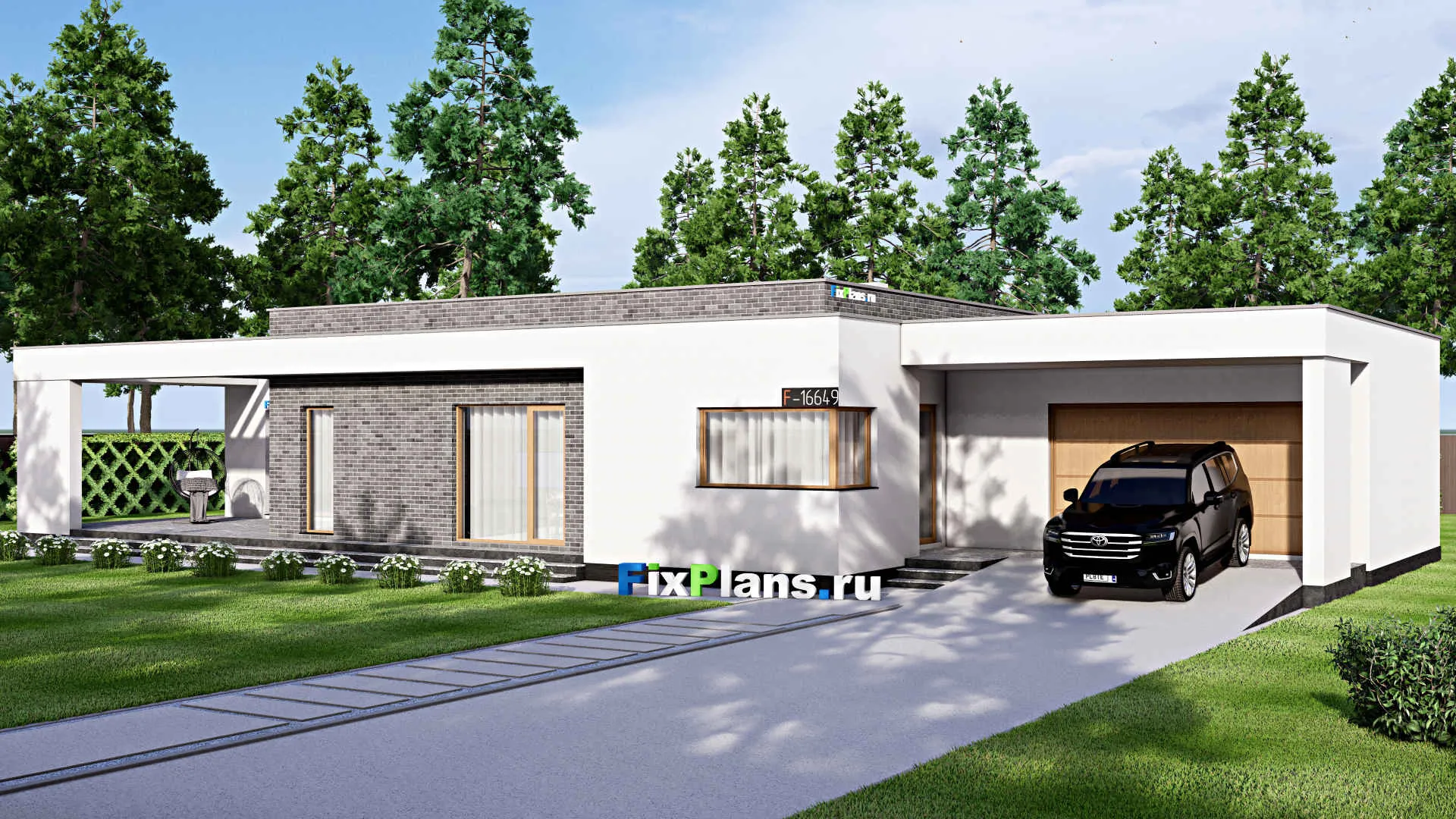 F-16649 - Проект одноэтажного дома 12 на 27, площадью 250 м² с террасой, гаражом на 2 машины и 3 спальнями