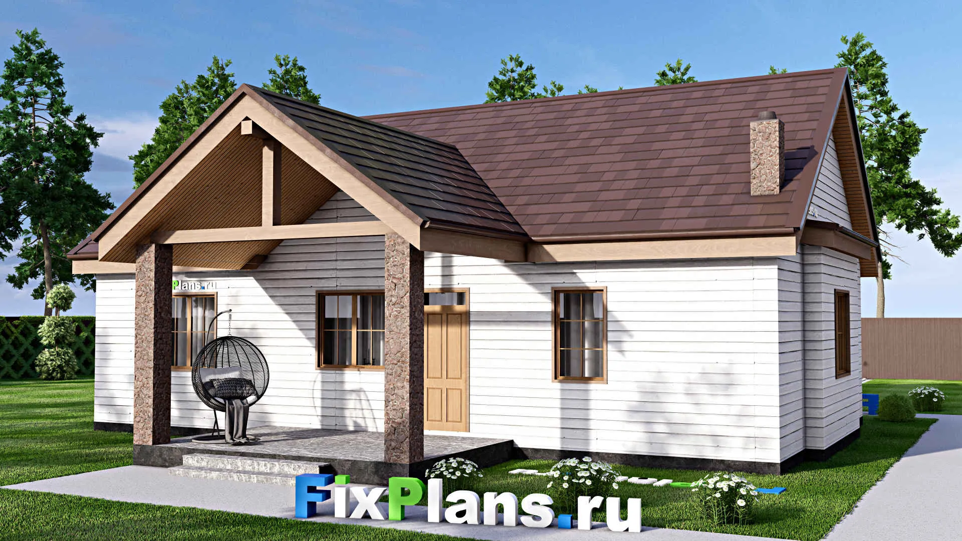 F-16712 - Проект одноэтажного дома 15 на 15, площадью 130 м² с террасой и 2 спальнями