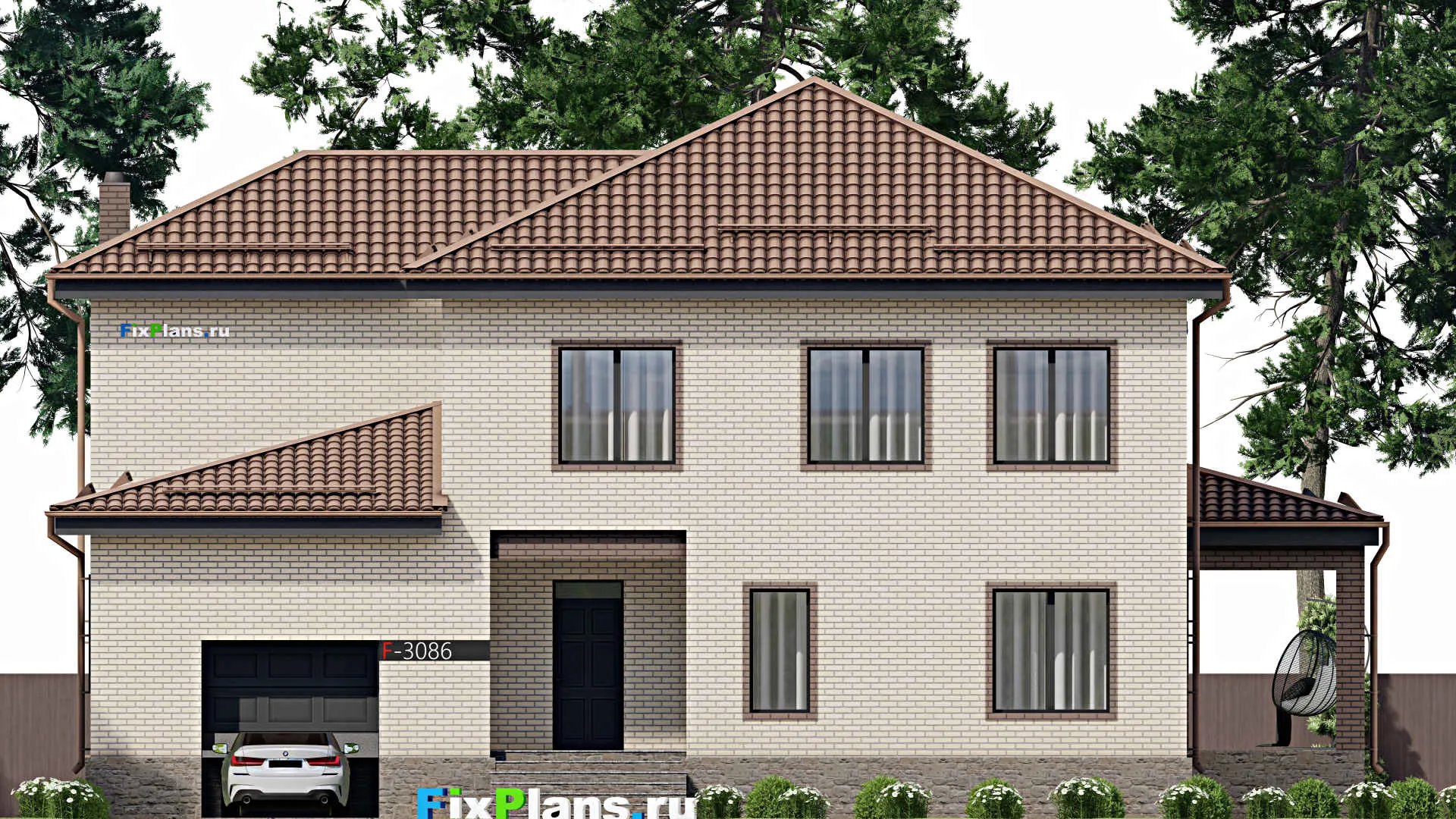 F-3086 - Проект двухэтажного дома 17 на 18, площадью 410 м² с террасой, цокольным этажом, баней, гаражом на 1 машину и 5 спальнями