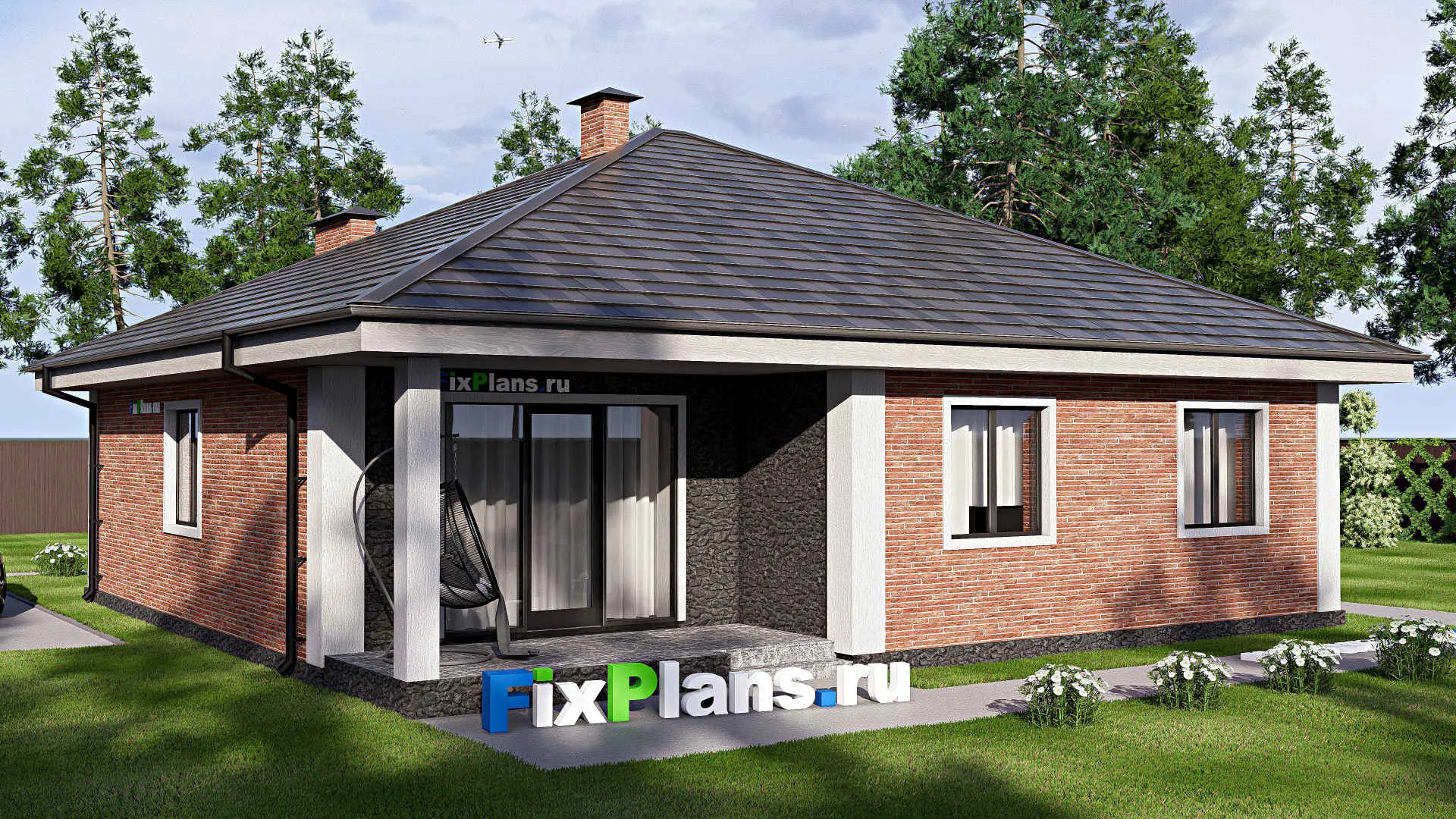 F-17891 - Проект одноэтажного дома 13 на 13, площадью 130 м² с террасой и 3 спальнями