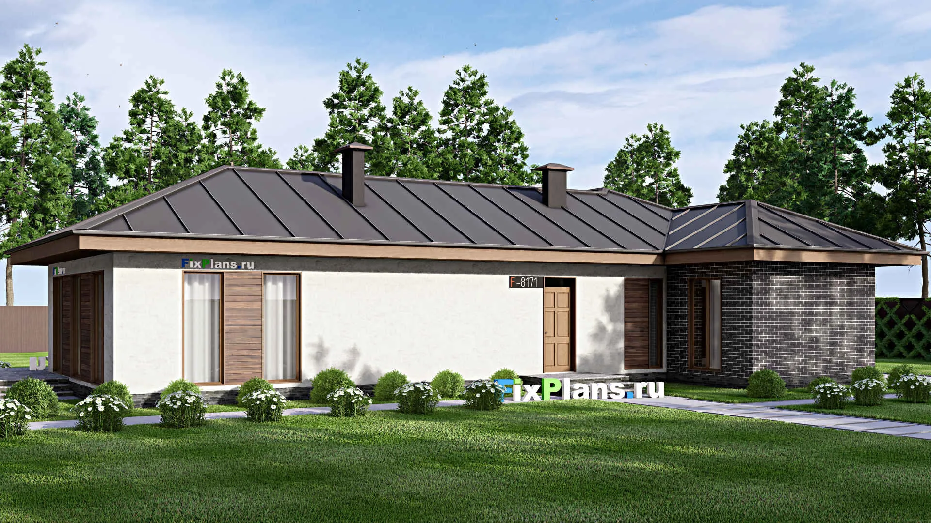 F-8171 - Проект одноэтажного дома 13 на 22, площадью 170 м² с террасой, бассейном и 3 спальнями