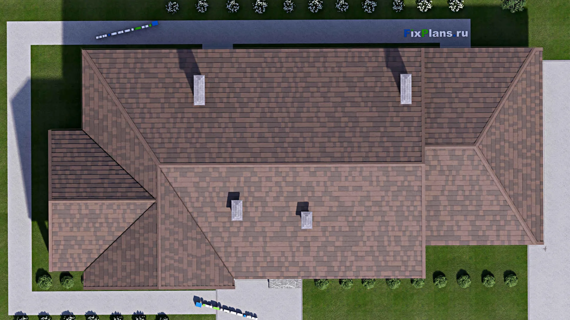 F-14453 - Проект одноэтажного дома 13 на 31, площадью 480 м² с террасой, цокольным этажом, гаражом на 2 машины и 4 спальнями