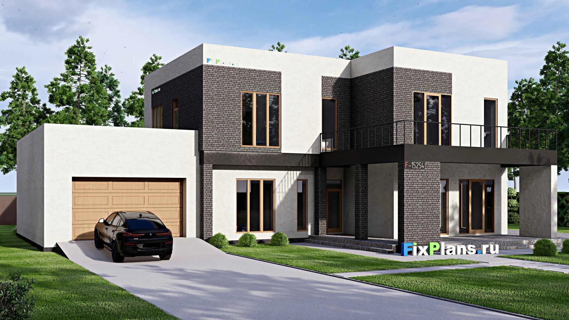 F-15254 - Проект двухэтажного дома 18 на 24, площадью 490 м² с террасой, балконом, гаражом на 2 машины и 6 спальнями
