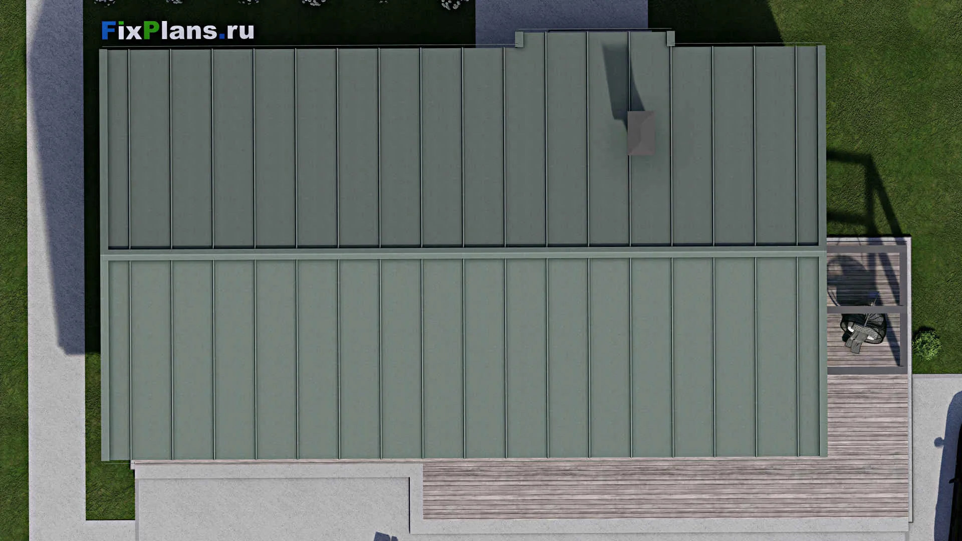 F-7055 - Проект одноэтажного дома 13 на 21, площадью 190 м² с террасой, баней и 3 спальнями