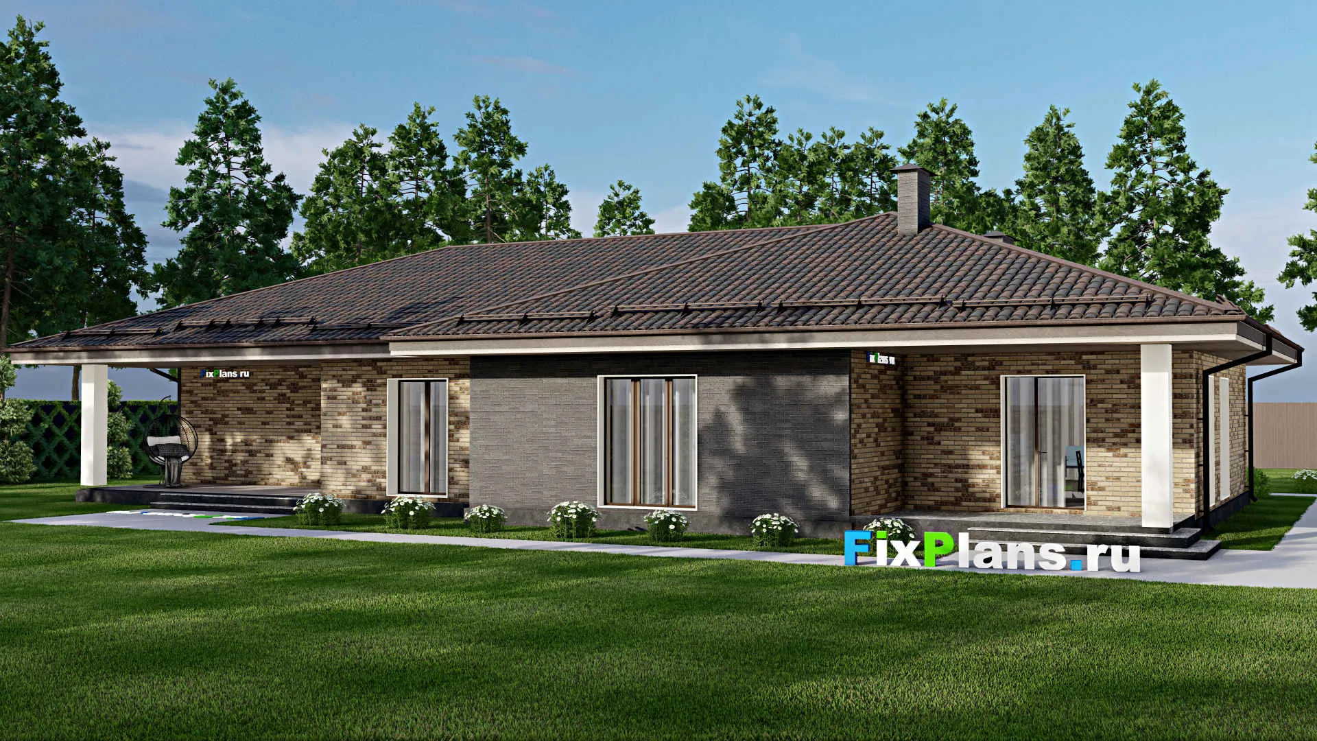 F-6740 - План одноэтажного дома 15 на 25, площадью 270 м² с террасой, гаражом на 2 машины и 3 спальнями