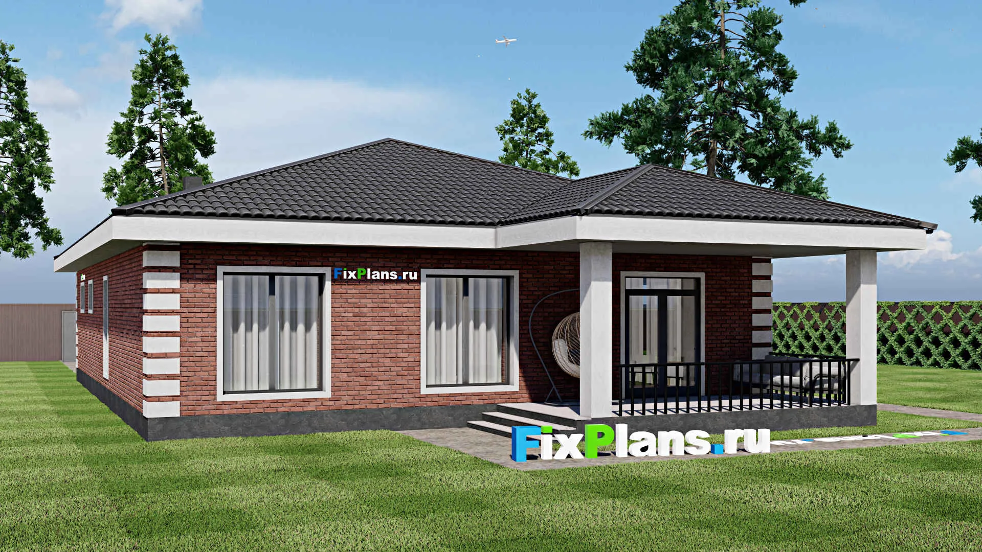 F-1718 - Проект одноэтажного дома 13 на 17, площадью 160 м² с террасой, гаражом на 1 машину и 2 спальнями