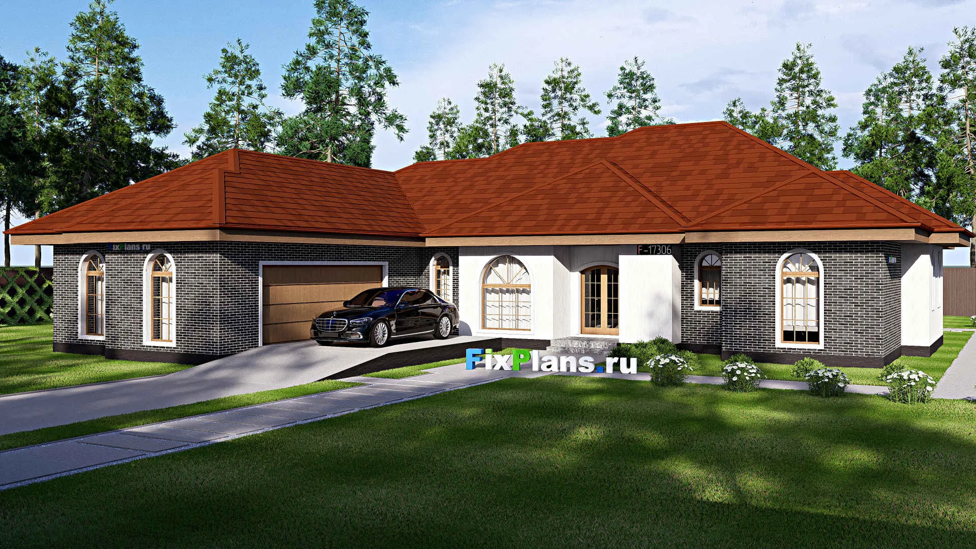 F-17306 - Проект одноэтажного дома 22 на 24, площадью 270 м² с террасой, гаражом на 2 машины и 4 спальнями