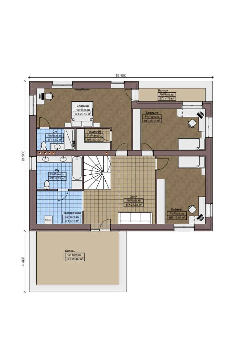 F-0764 - Планы двухэтажного дома 14 на 16, площадью 290 м² с террасой, балконом, гаражом на 2 машины и 2 спальнями