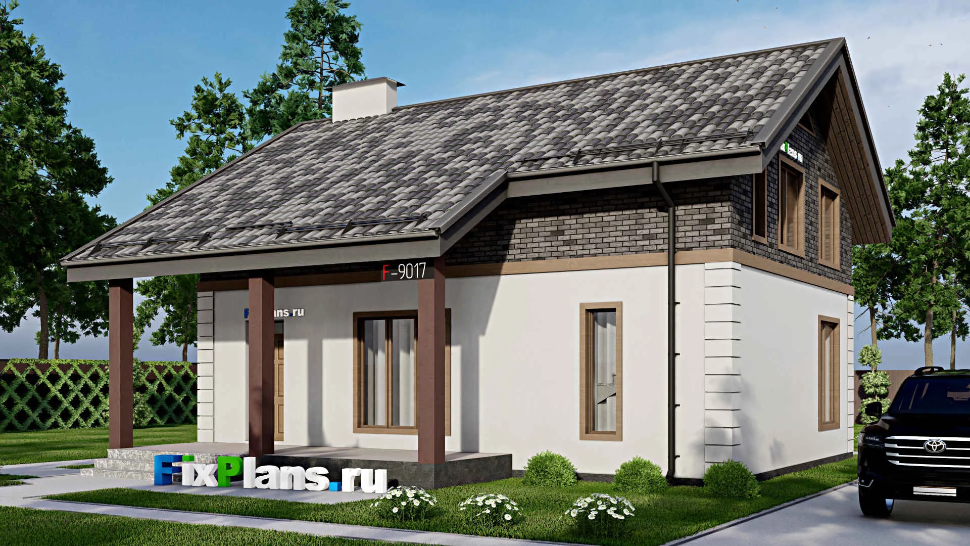 F-9017 - Проект дома с мансардой 11 на 12, площадью 140 м² с террасой и 2 спальнями