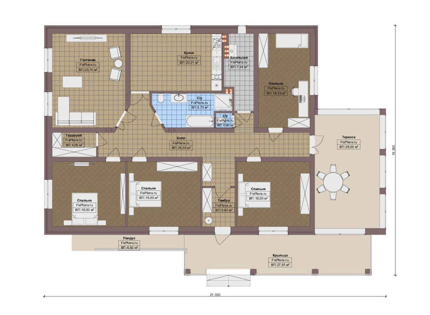 F-14273 - План одноэтажного дома 16 на 22, площадью 240 м² с террасой и 4 спальнями