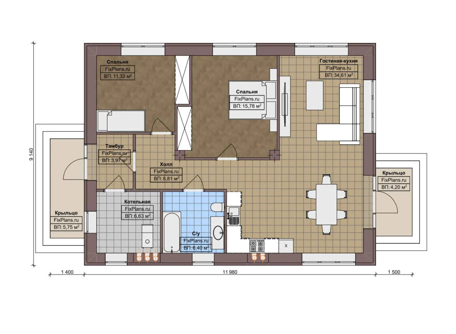 F-5219 - План одноэтажного дома 10 на 12, площадью 100 м² с 2 спальнями