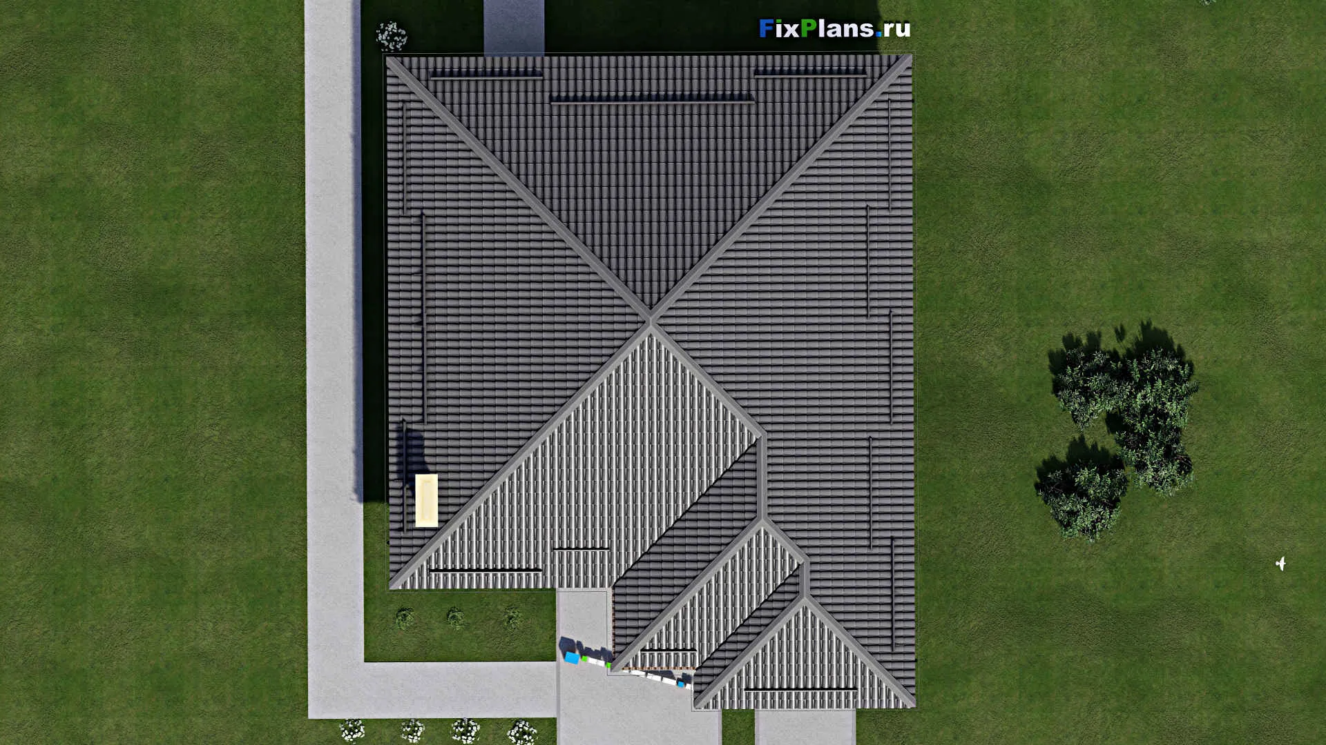 F-4013 - План одноэтажного дома 13 на 17, площадью 150 м² с террасой, гаражом на 1 машину и 3 спальнями