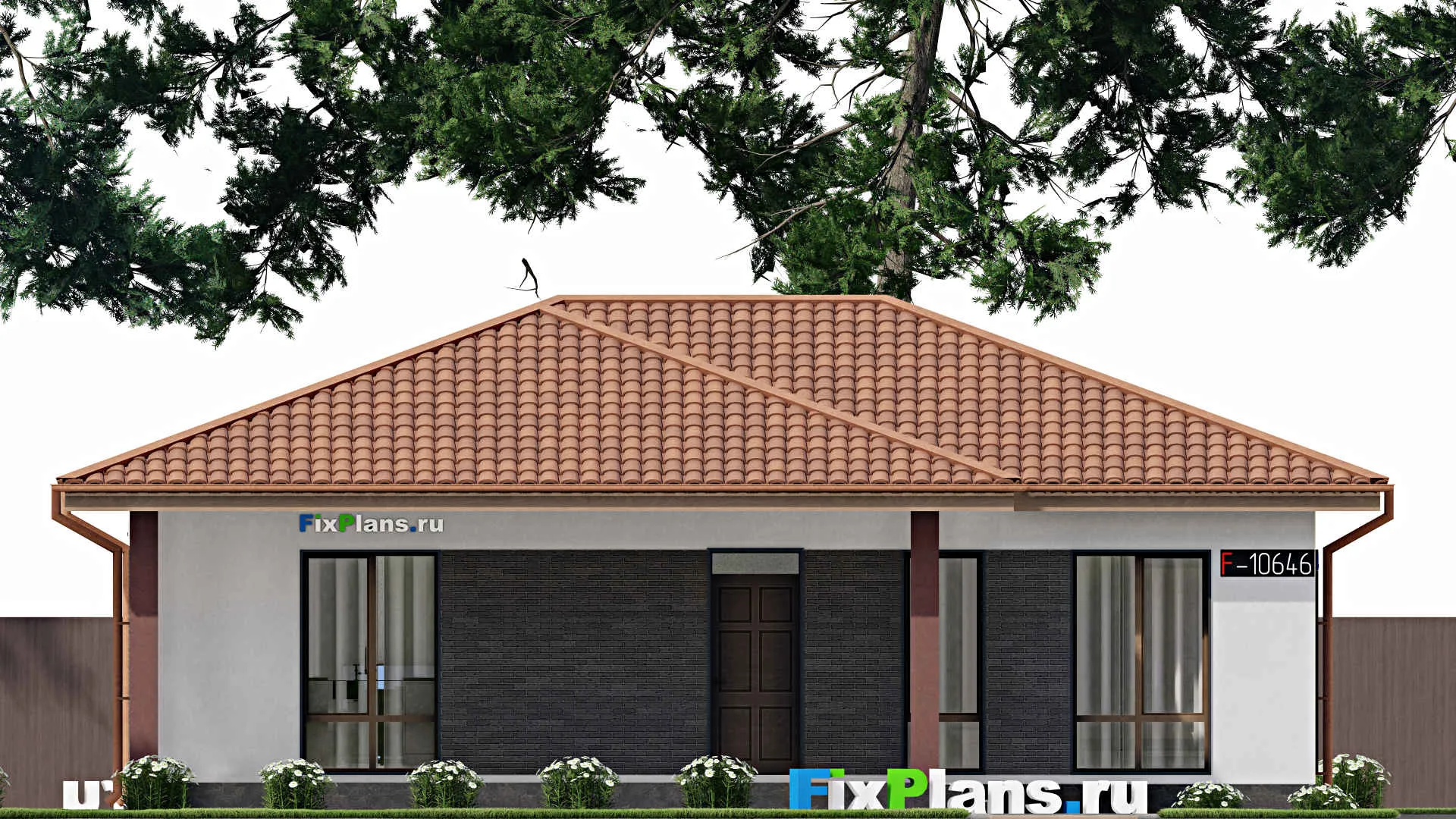 F-10646 - Проект одноэтажного дома 13 на 13, площадью 120 м² с террасой и 3 спальнями