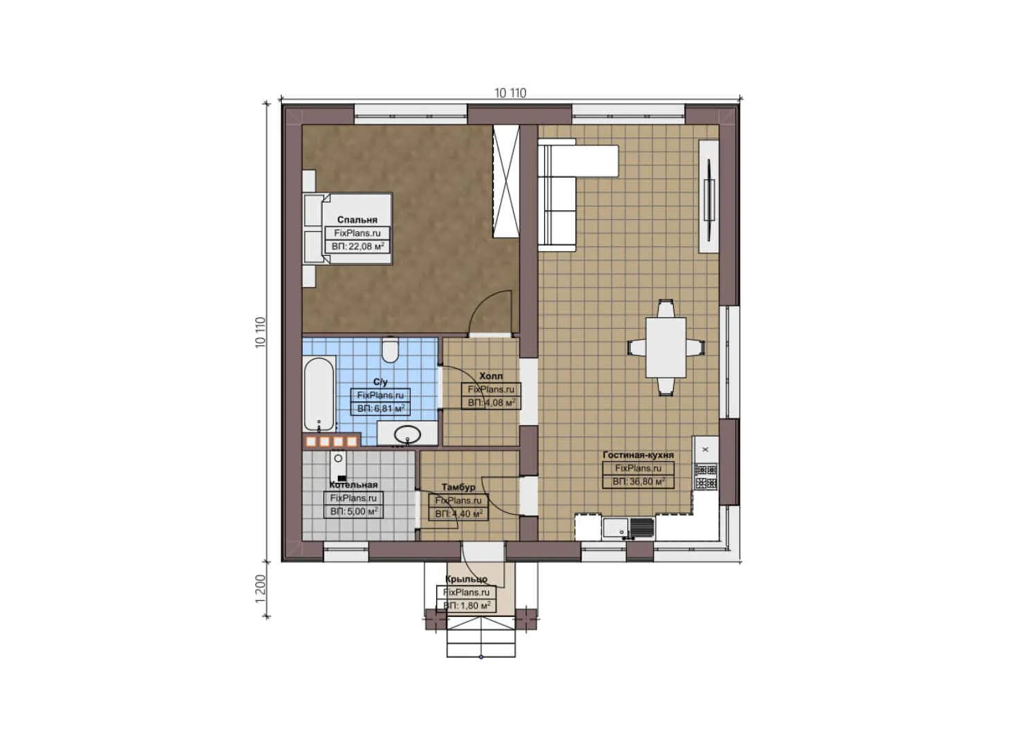 F-2573 - План одноэтажного дома 11 на 11, площадью 90 м² с 1 спальнями