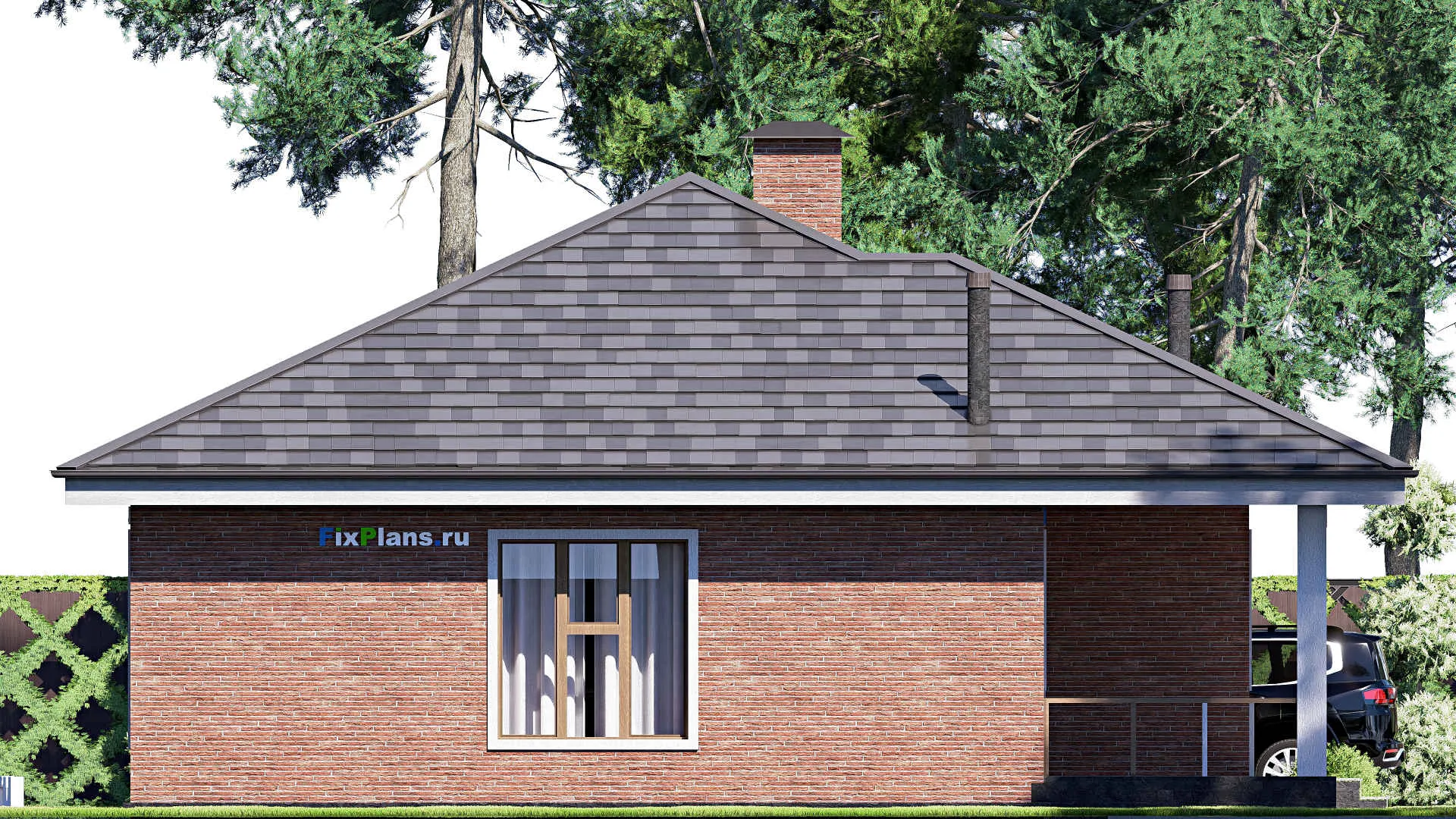 F-19385 - Проект одноэтажного дома 13 на 14, площадью 130 м² с террасой и 3 спальнями