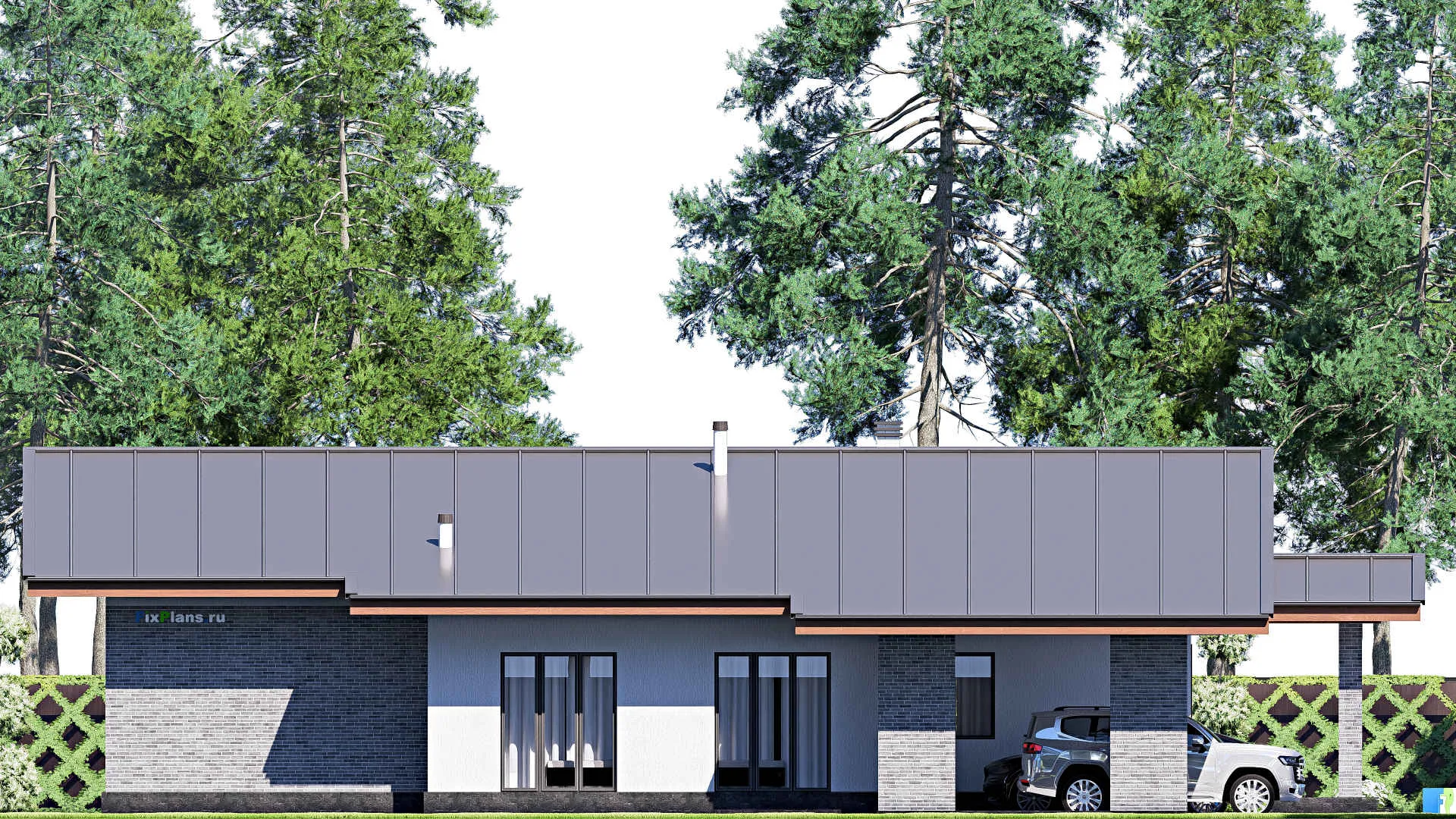 F-20798 - Проект одноэтажного дома 22 на 22, площадью 250 м² с террасой и 3 спальнями