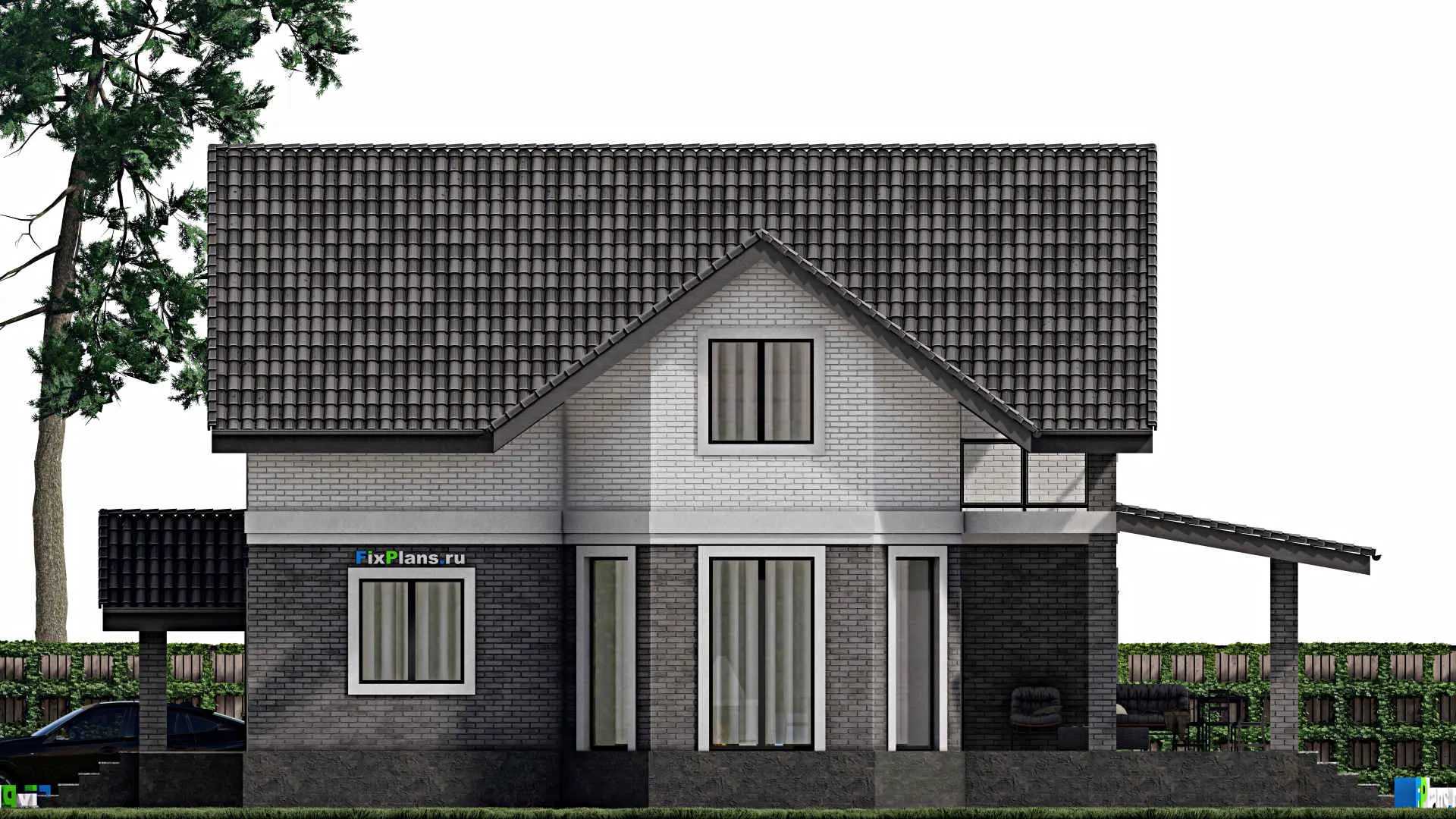 F-1385 - Проект дома с мансардой 12 на 15, площадью 330 м² с террасой, балконом, цокольным этажом, гаражом на 1 машину, спортзалом и 4 спальнями