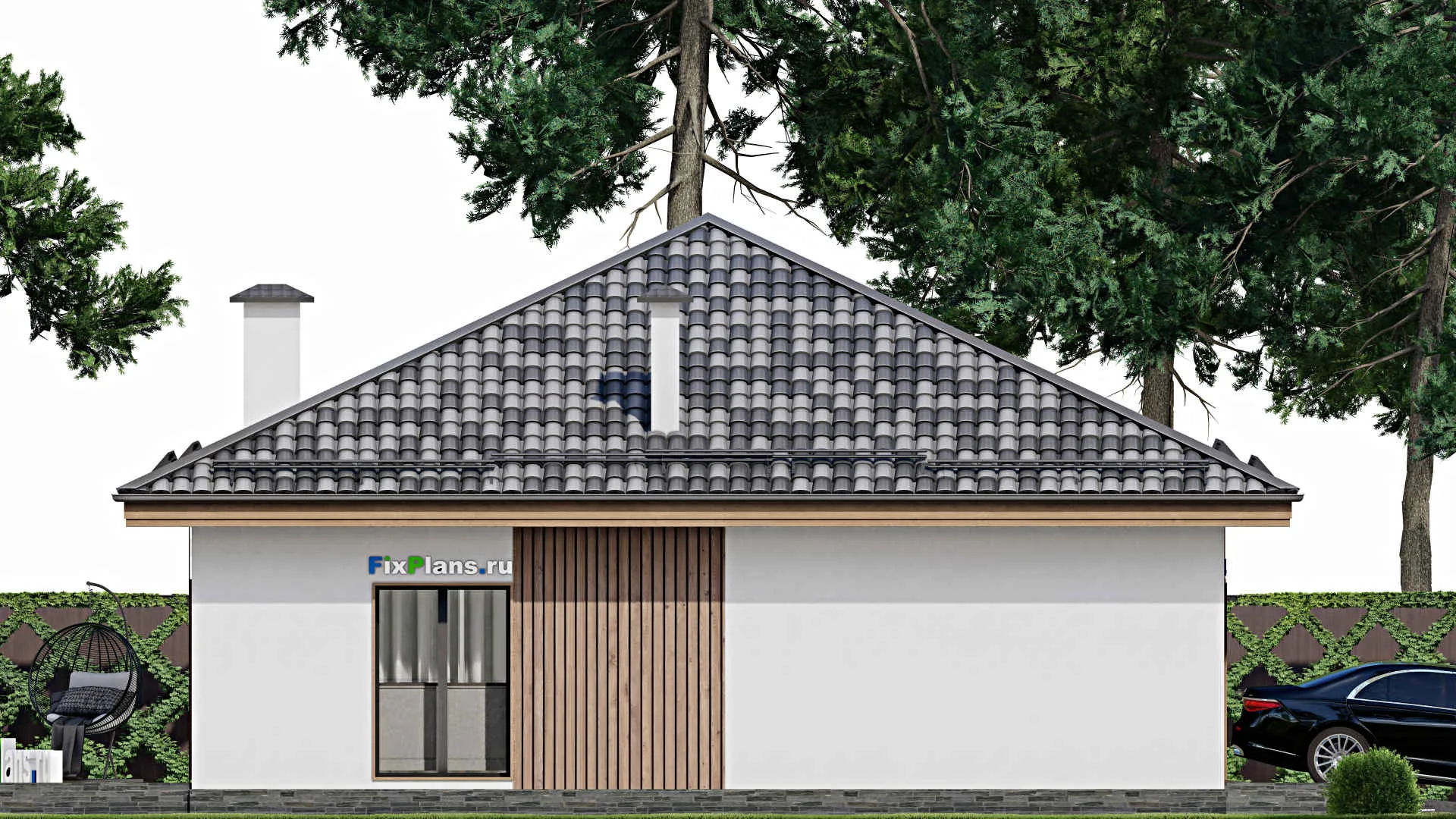 F-11195 - План одноэтажного дома 13 на 16, площадью 140 м² с террасой, гаражом на 1 машину и 3 спальнями