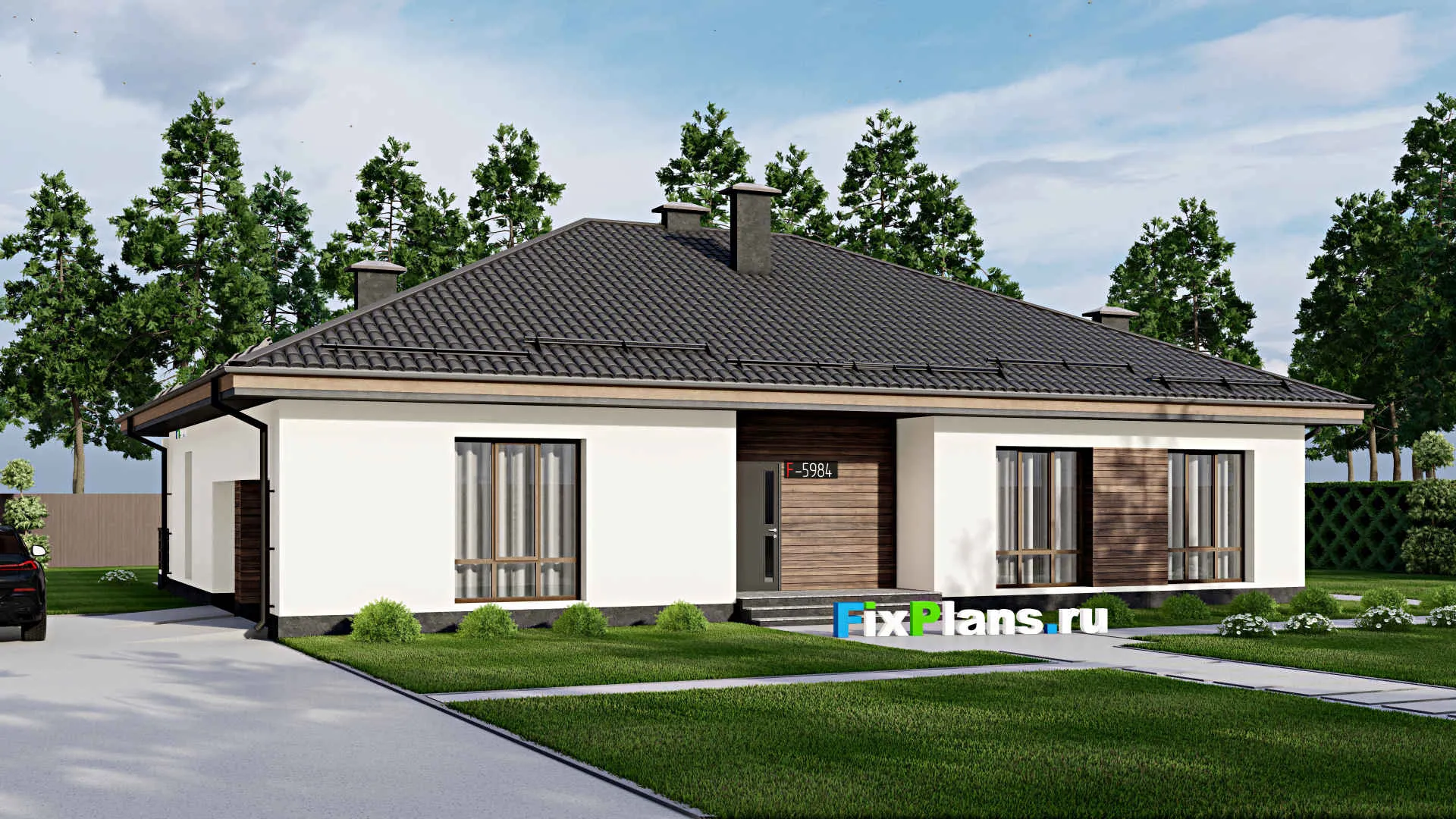 F-5984 - Проект одноэтажного дома 13 на 19, площадью 230 м² с террасой, гаражом на 2 машины и 3 спальнями