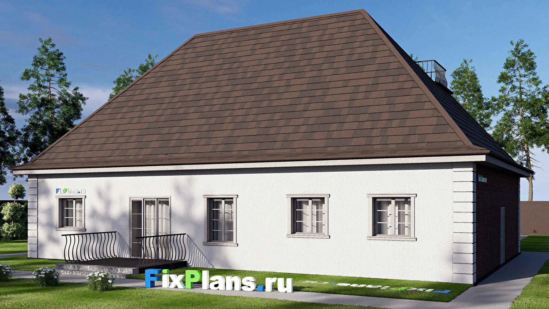 F-20339 - Проект одноэтажного дома 15 на 18, площадью 280 м² с цокольным этажом, баней, гаражом на 2 машины и 3 спальнями