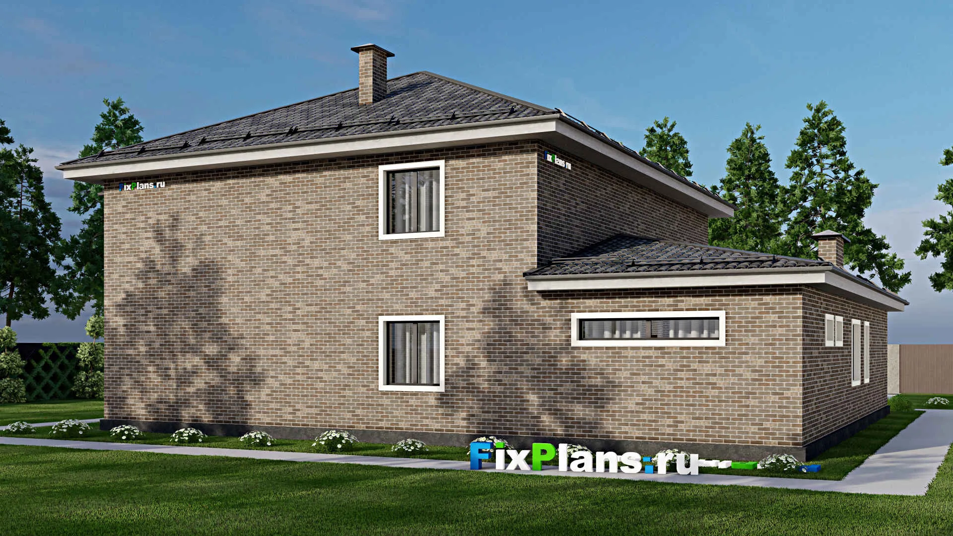 F-6461 - Проект двухэтажного дома 17 на 18, площадью 370 м² с террасой, балконом, баней, гаражом на 1 машину, бассейном и 4 спальнями