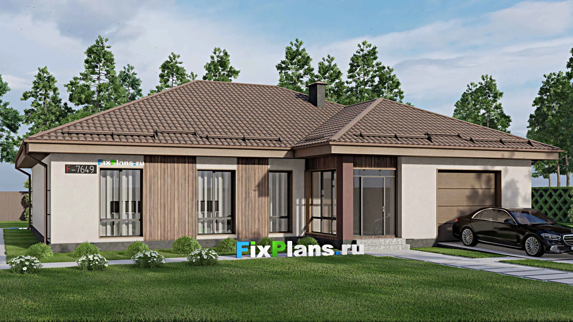 F-7649 - Проект одноэтажного дома 17 на 18, площадью 220 м² с гаражом на 2 машины и 3 спальнями