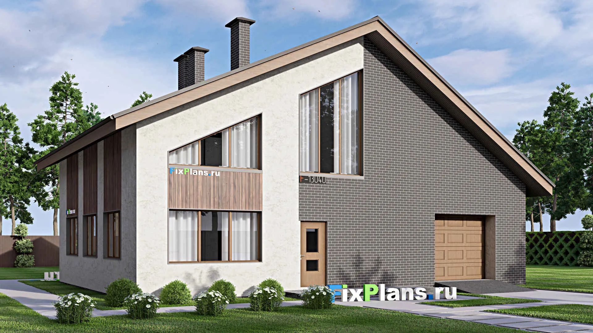 F-13040 - Проект дома с мансардой 14 на 16, площадью 220 м² с гаражом на 1 машину и 4 спальнями