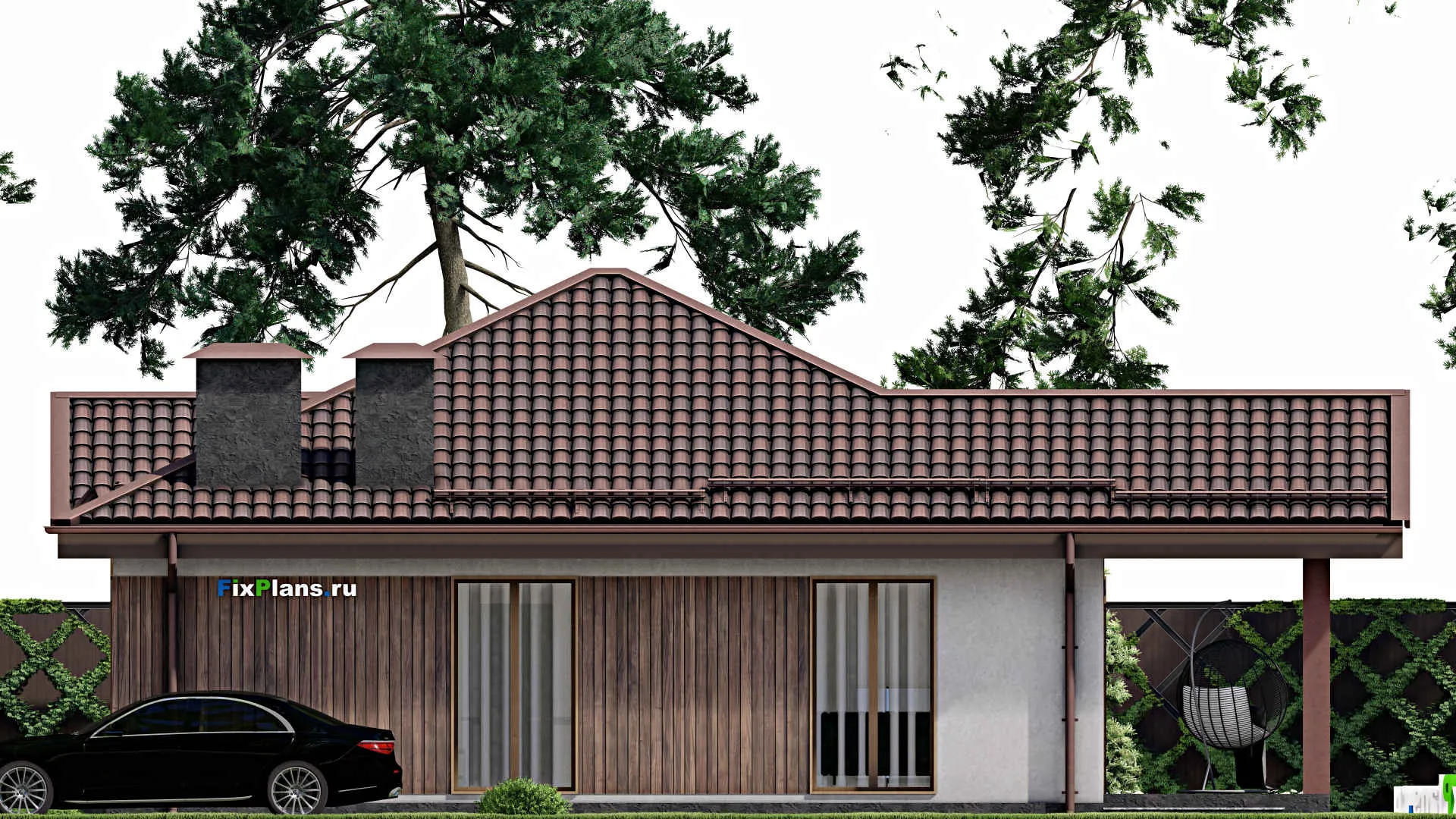 F-7415 - Проект одноэтажного дома 11 на 11, площадью 100 м² с террасой и 2 спальнями