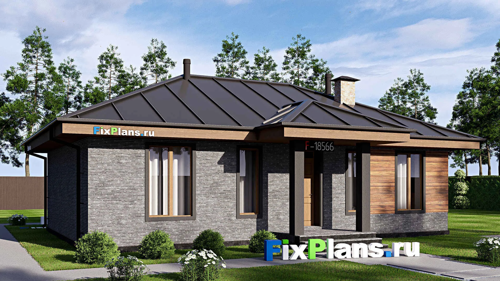 F-18566 - Проект одноэтажного дома 13 на 13, площадью 100 м² с террасой и 3 спальнями