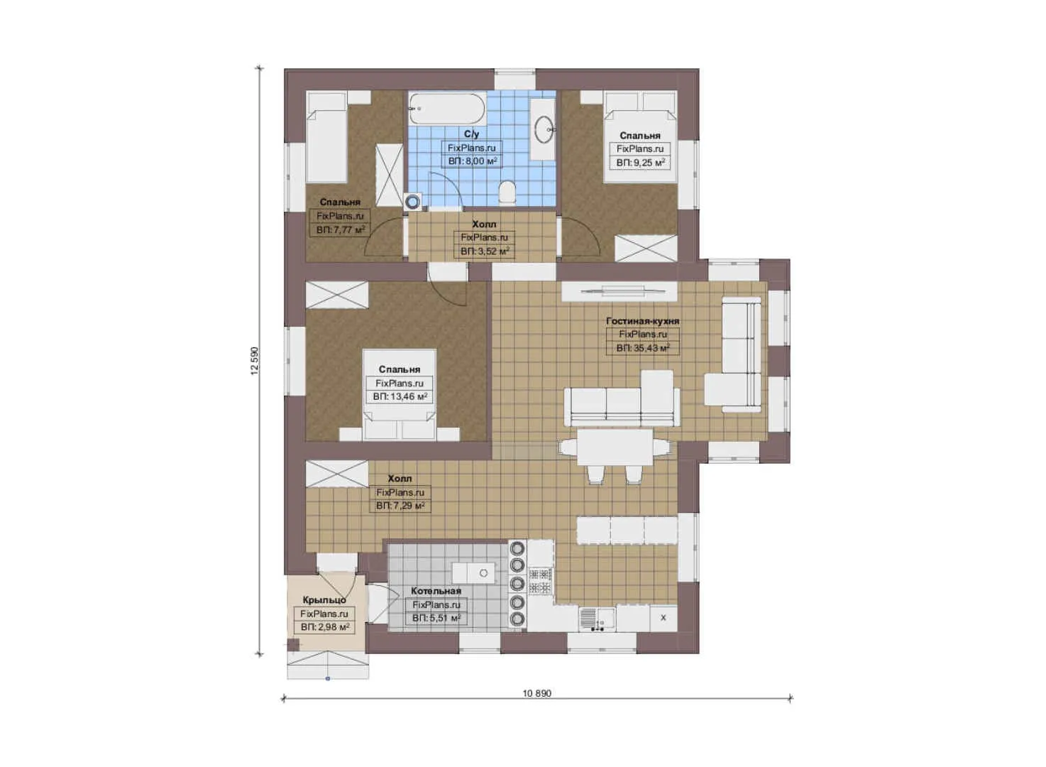 F-15830 - План одноэтажного дома 11 на 13, площадью 100 м² с 3 спальнями