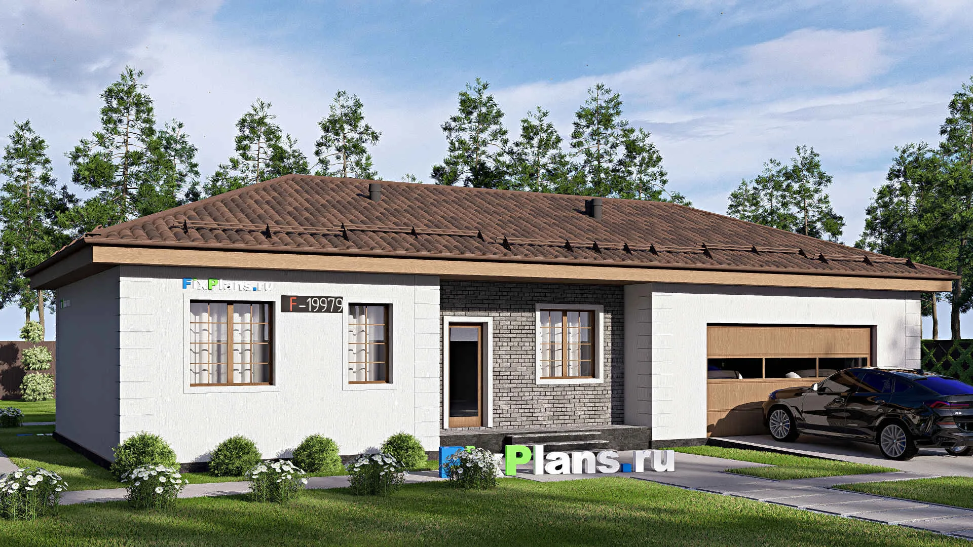 F-19979 - Проект одноэтажного дома 12 на 19, площадью 150 м² с террасой, гаражом на 2 машины и 2 спальнями