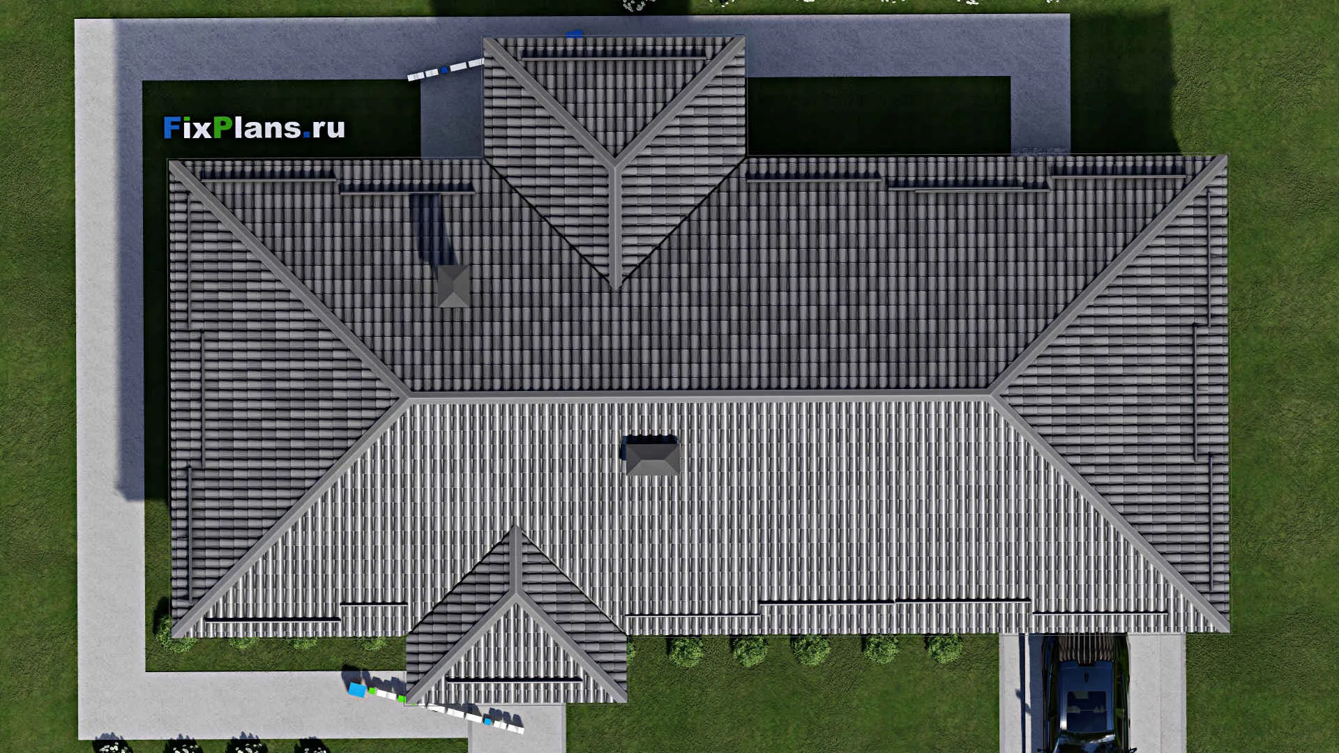 F-8729 - План одноэтажного дома 12 на 23, площадью 170 м² с террасой, гаражом на 1 машину и 3 спальнями