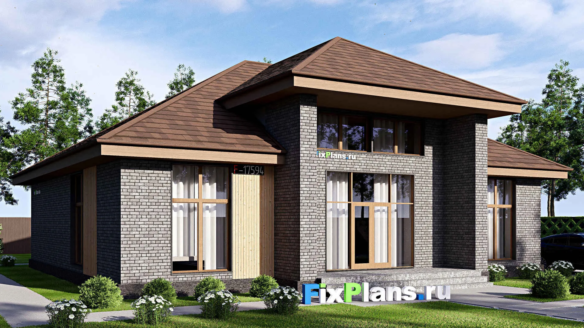 F-17594 - Проект одноэтажного дома 16 на 18, площадью 250 м² с террасой и 5 спальнями