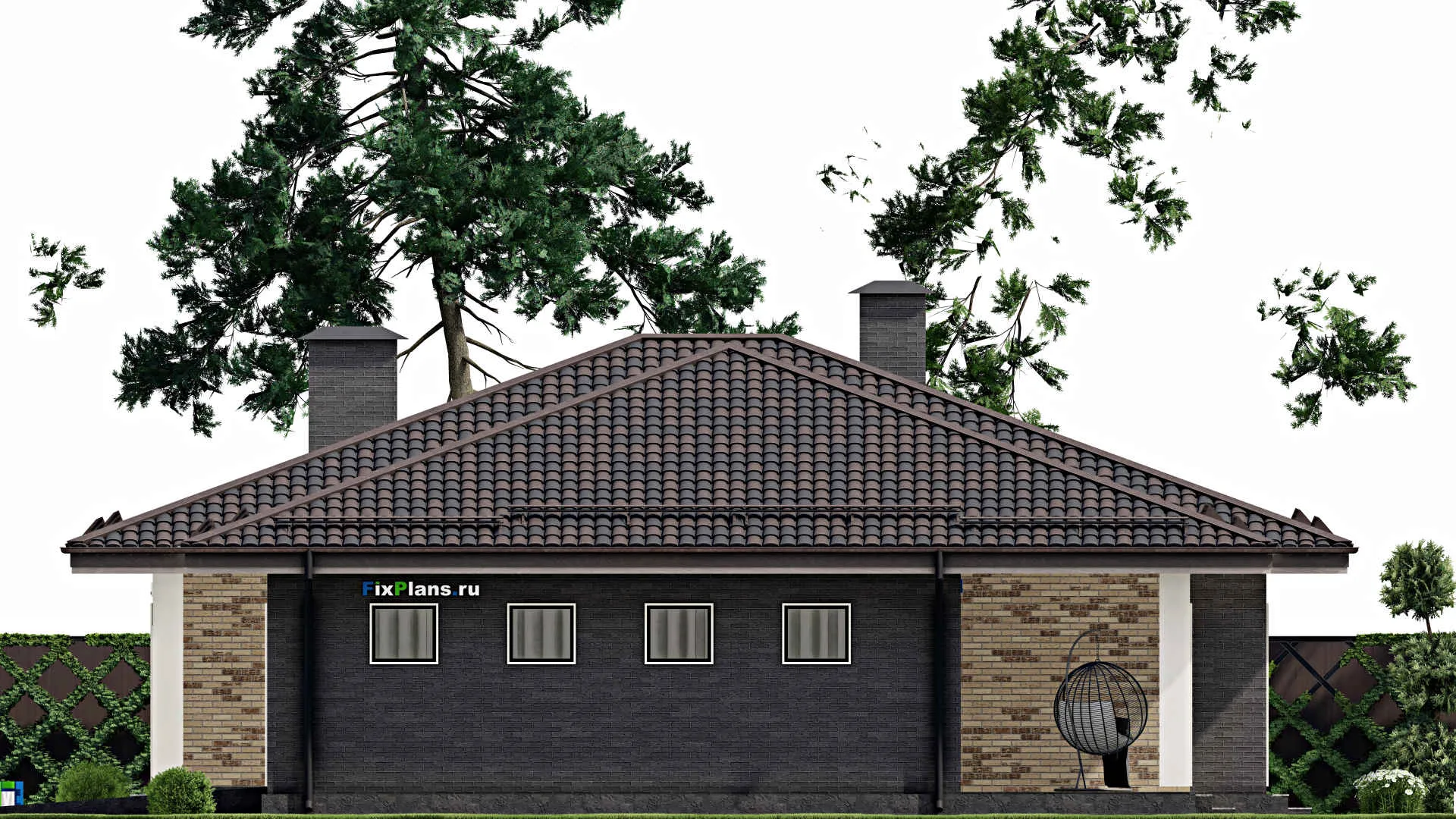 F-6740 - План одноэтажного дома 15 на 25, площадью 270 м² с террасой, гаражом на 2 машины и 3 спальнями