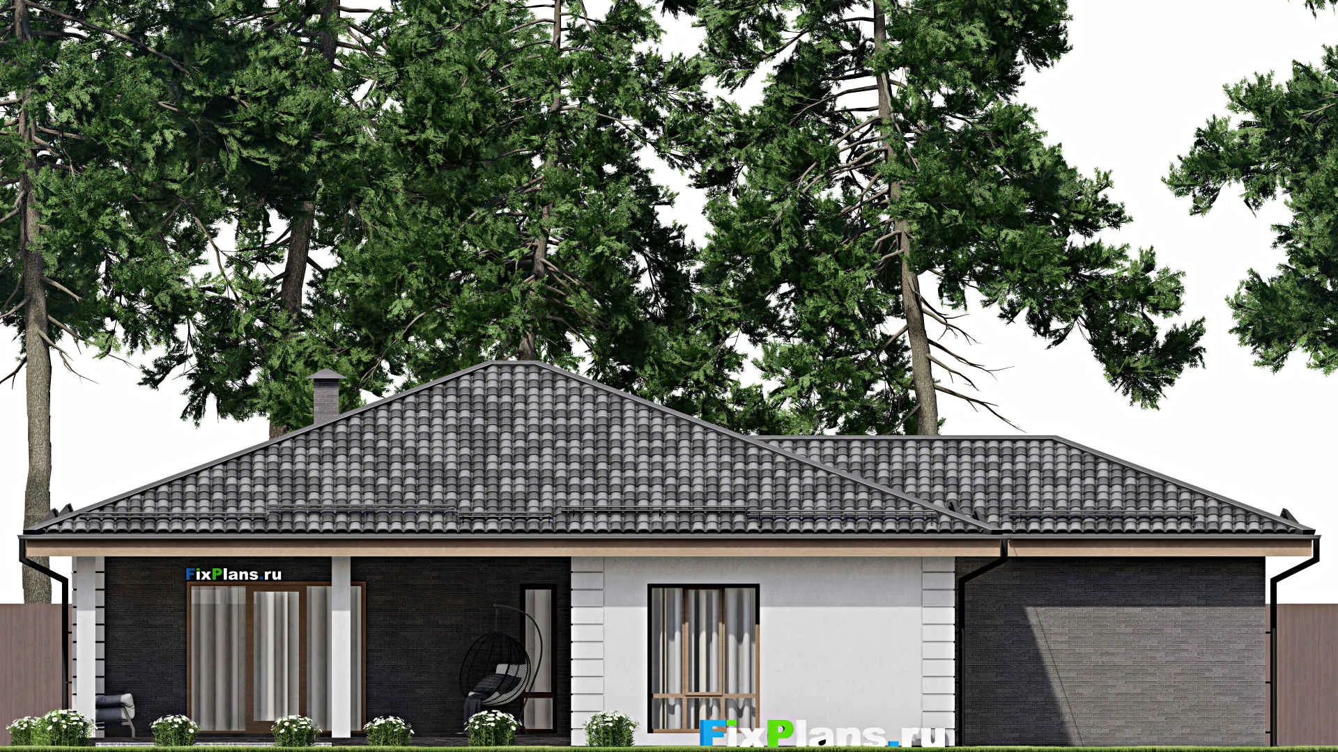 F-7793 - Проект одноэтажного дома 14 на 20, площадью 190 м² с террасой, гаражом на 1 машину и 3 спальнями