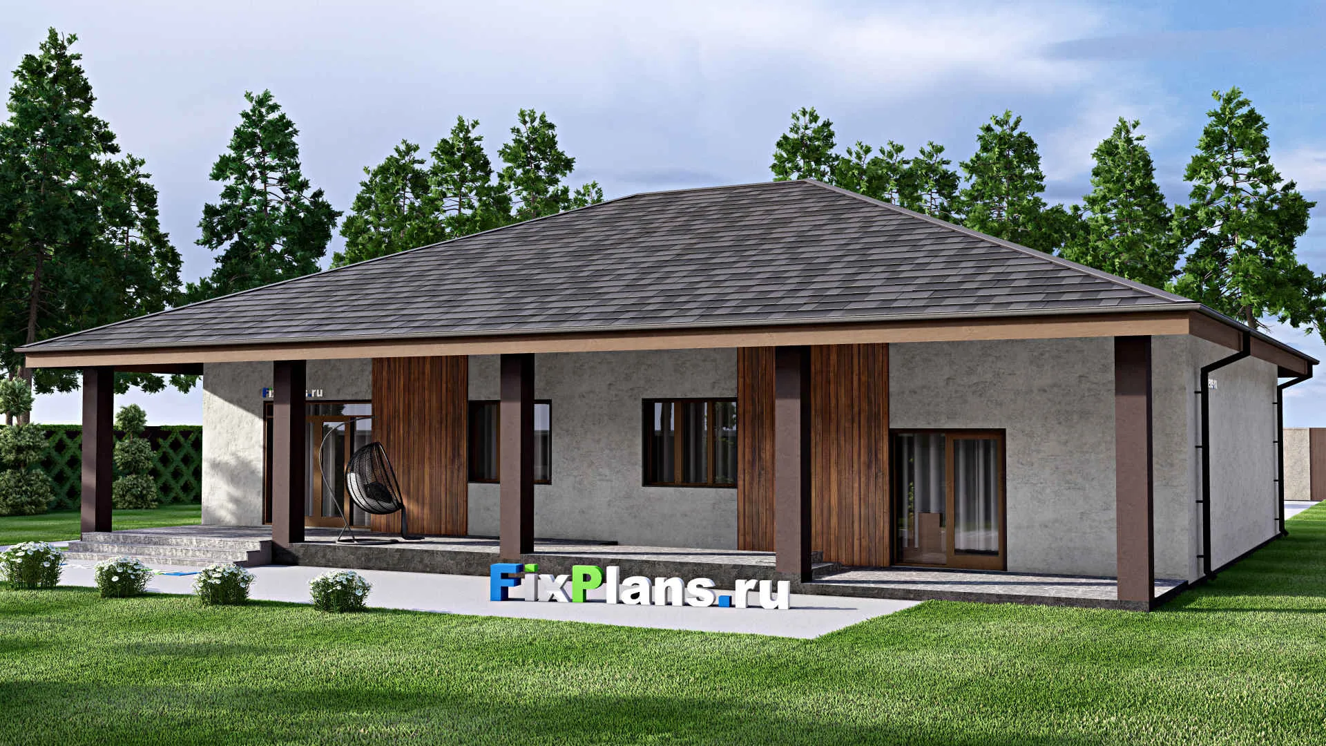 F-12914 - Проект одноэтажного дома 17 на 20, площадью 360 м² с террасой, цокольным этажом, баней, гаражом на 1 машину и 2 спальнями