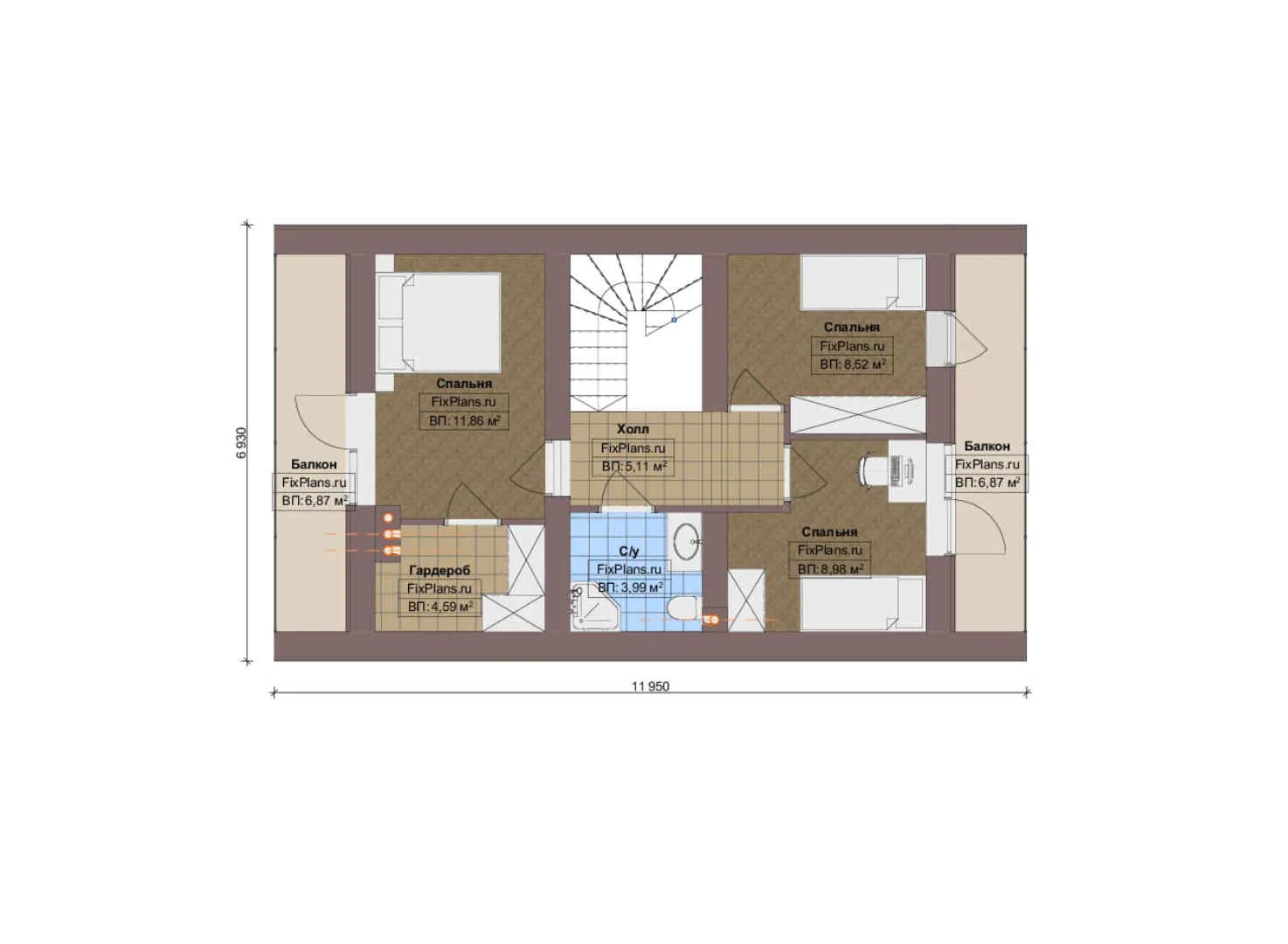 F-16541 - Планы дома с мансардой 9 на 13, площадью 120 м² с 3 спальнями