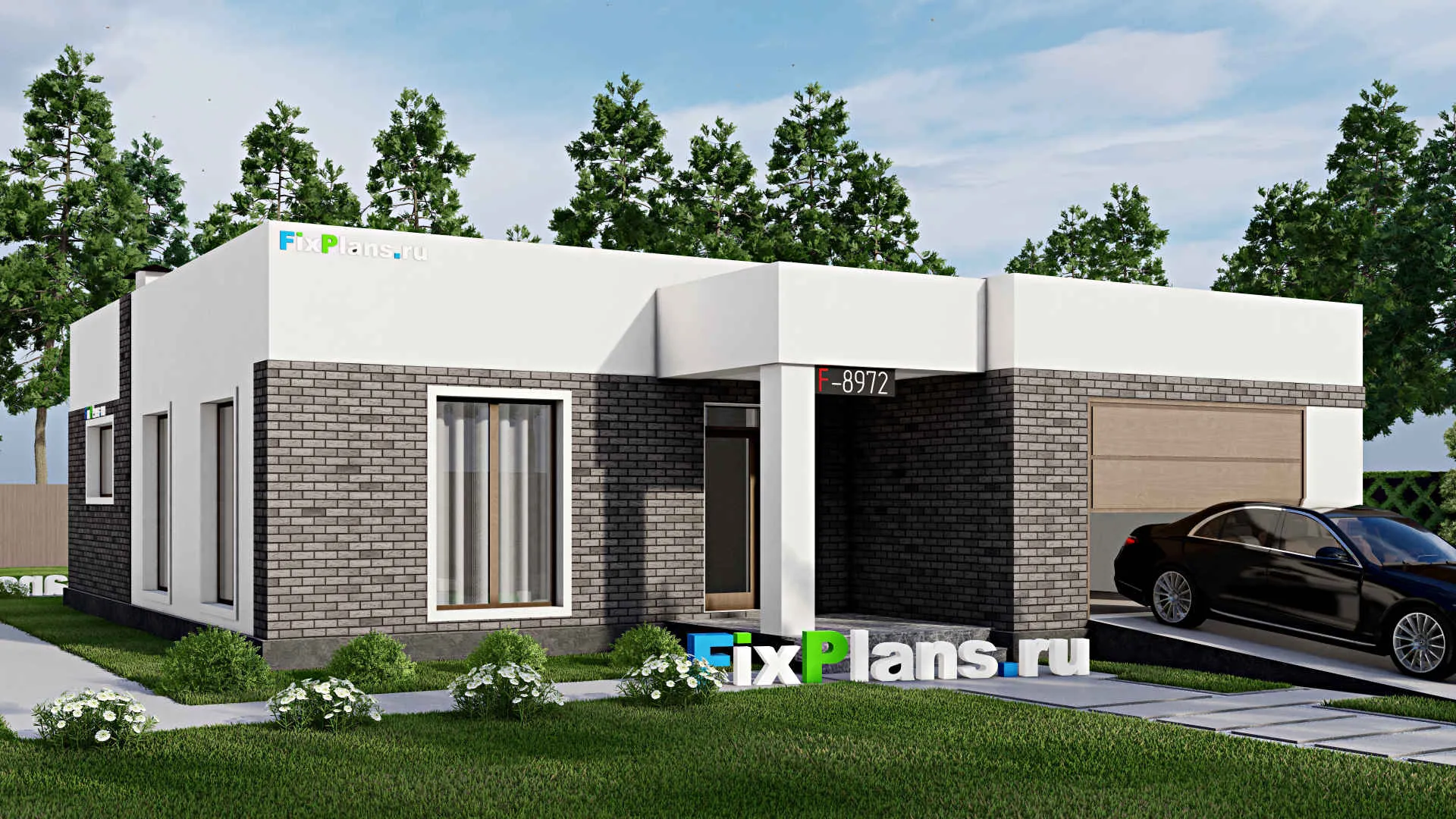 F-8972 - Проект одноэтажного дома 13 на 17, площадью 150 м² с террасой, гаражом на 1 машину и 2 спальнями