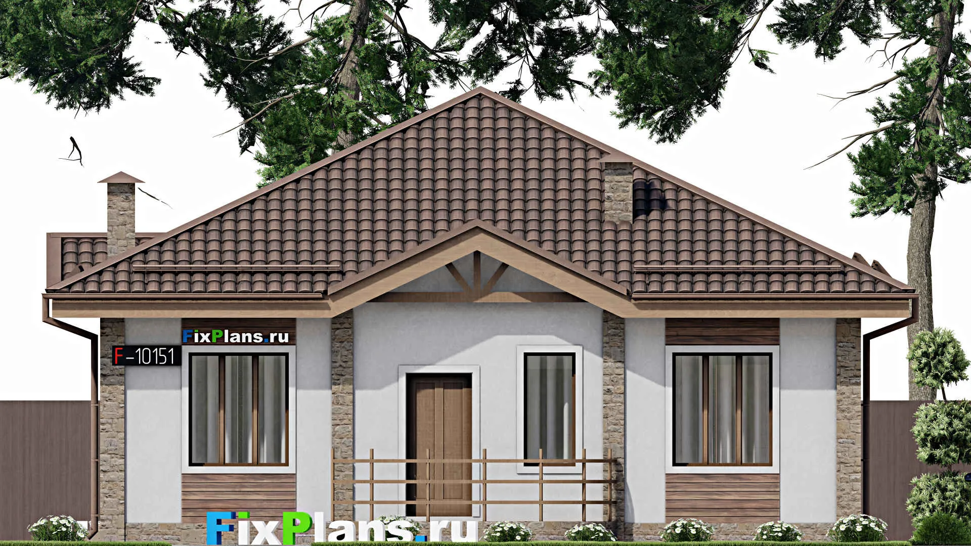 F-10151 - План одноэтажного дома 11 на 15, площадью 130 м² с террасой, баней и 3 спальнями