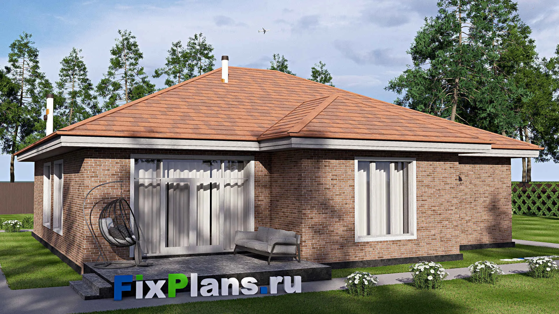 F-20132 - Проект одноэтажного дома 16 на 24, площадью 230 м² с террасой, гаражом на 1 машину и 3 спальнями