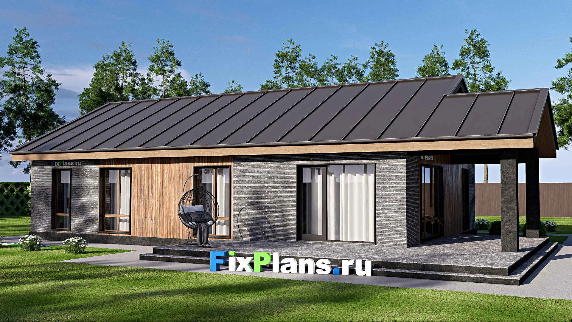 F-19169 - План одноэтажного дома 15 на 19, площадью 170 м² с террасой и 3 спальнями